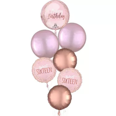 Premium Blush Pink & Gold Sweet 16 Foil Balloon Bouquet, 7pc