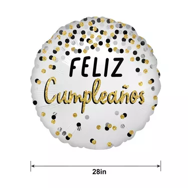 Black, Silver & Gold Glitter Feliz Cumpleaños Foil Balloon, 28in
