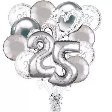 Premium Silver 25th Anniversary Foil Balloon Bouquet with Balloon Weight, 13pc