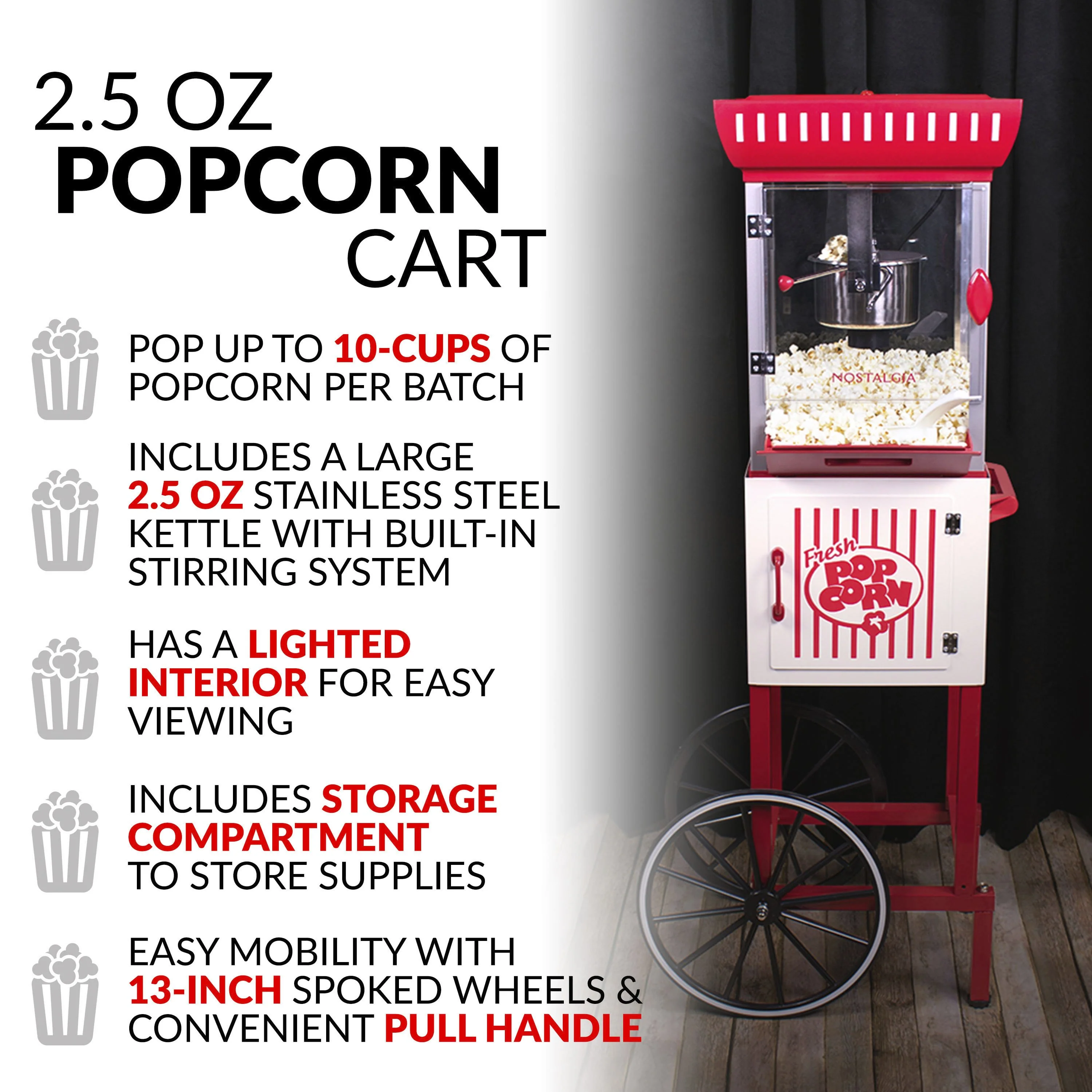 48-Inch 2.5-Oz. Popcorn Cart, Red/White