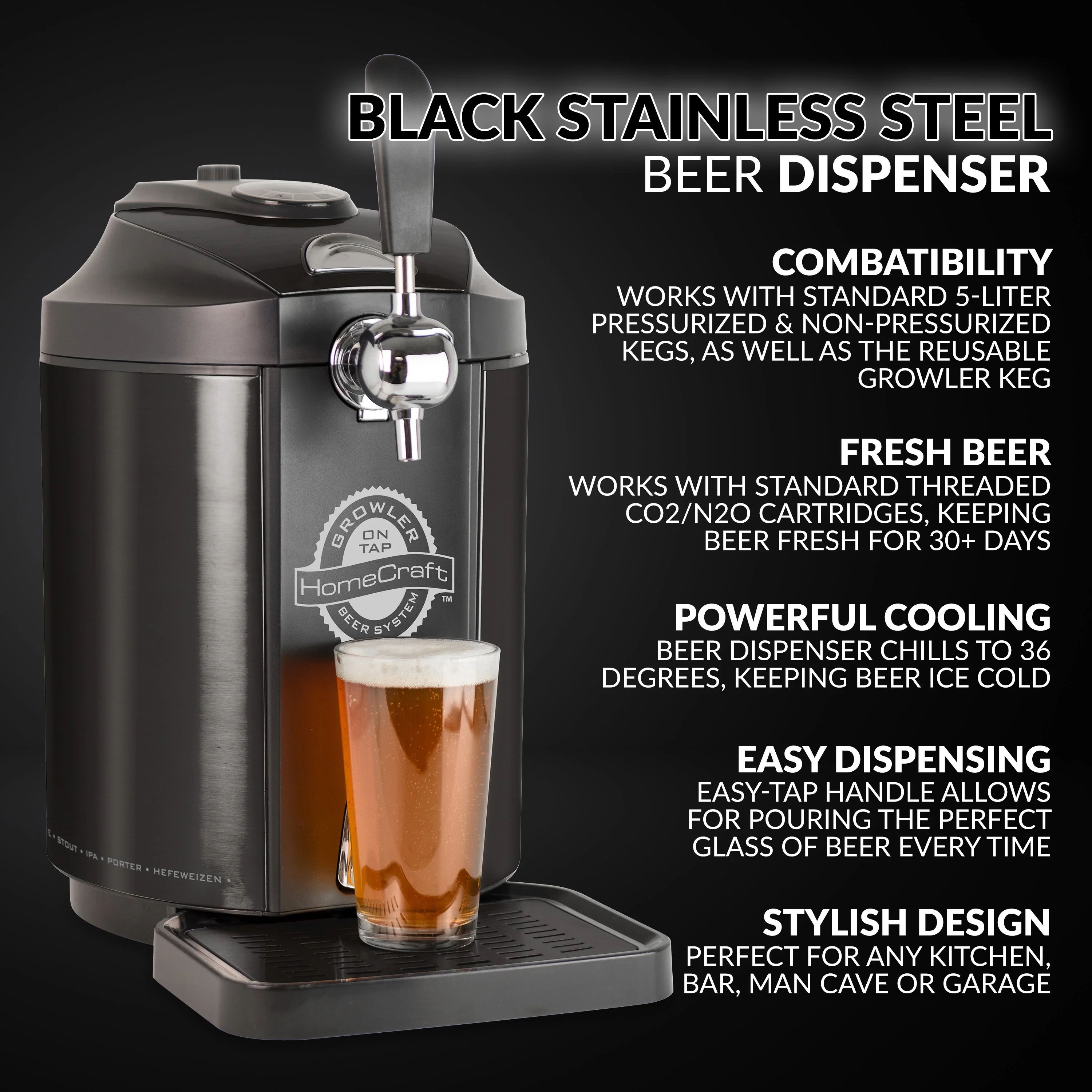 HomeCraft? Black Stainless Steel Tap Beer Growler Cooling System