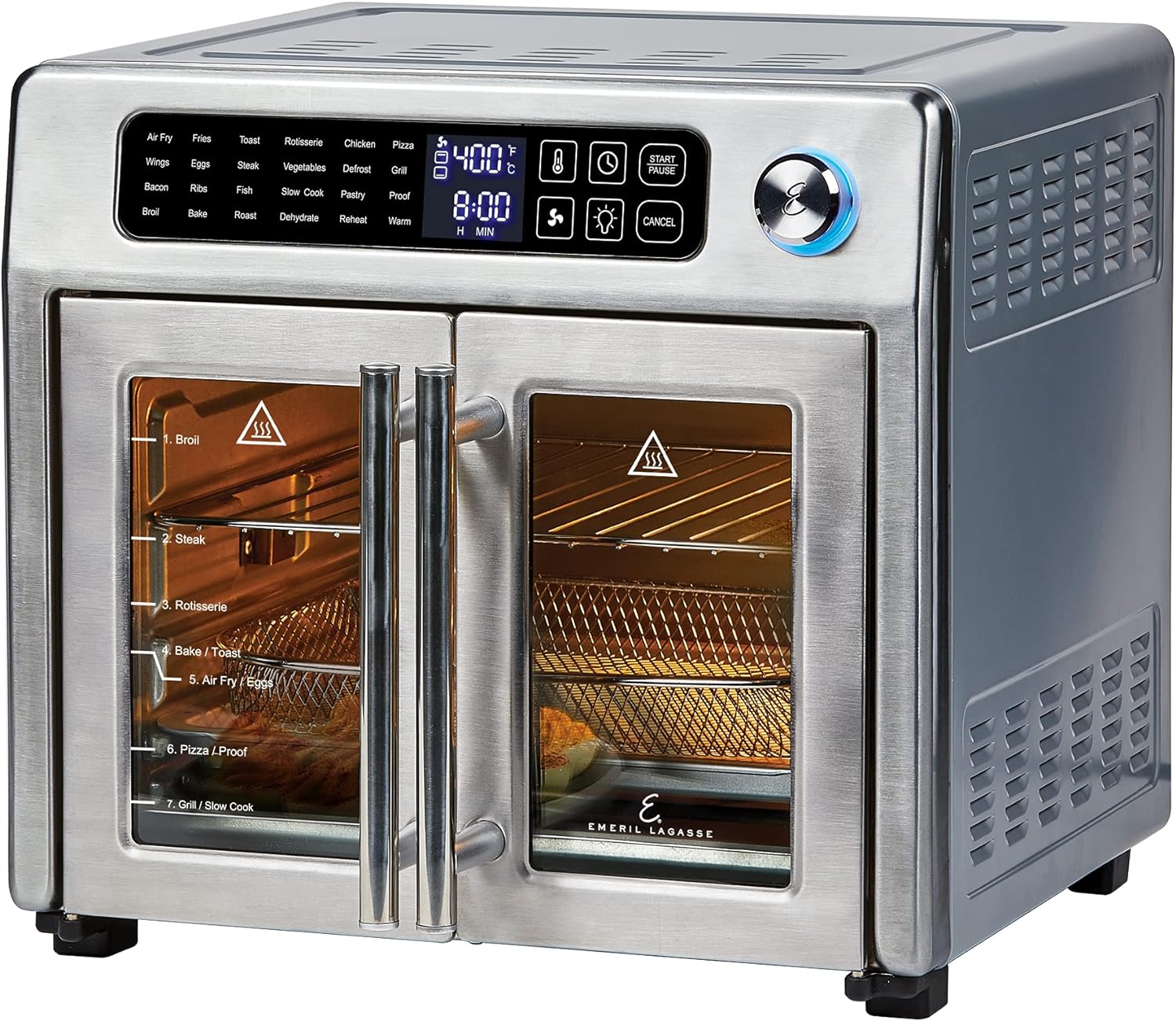 Emeril Lagasse Extra Large French Door Air Fryer Toaster Oven Combo, 25 Cooking Functions and Digital Controls, 7 Accessories Included, Stainless Steel Finish, 26QT Capacity