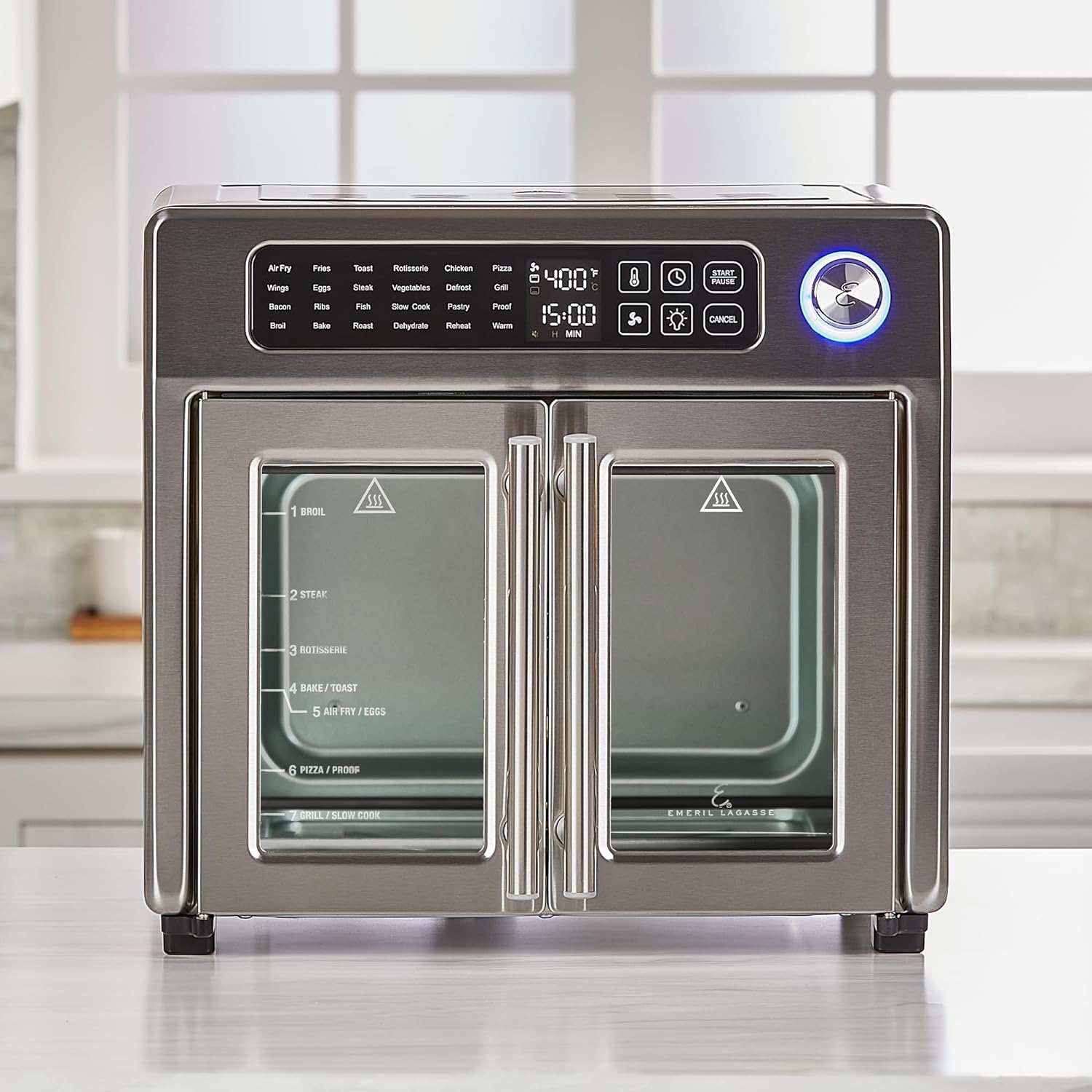 Emeril Lagasse Extra Large French Door Air Fryer Toaster Oven Combo, 25 Cooking Functions and Digital Controls, 7 Accessories Included, Stainless Steel Finish, 26QT Capacity