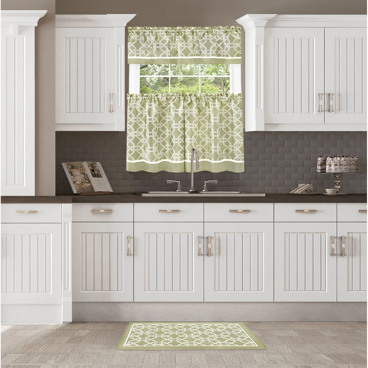 Arlington Chain Link Kitchen Curtain Set, Tiers 58x36 and Valance 58x13 Inches