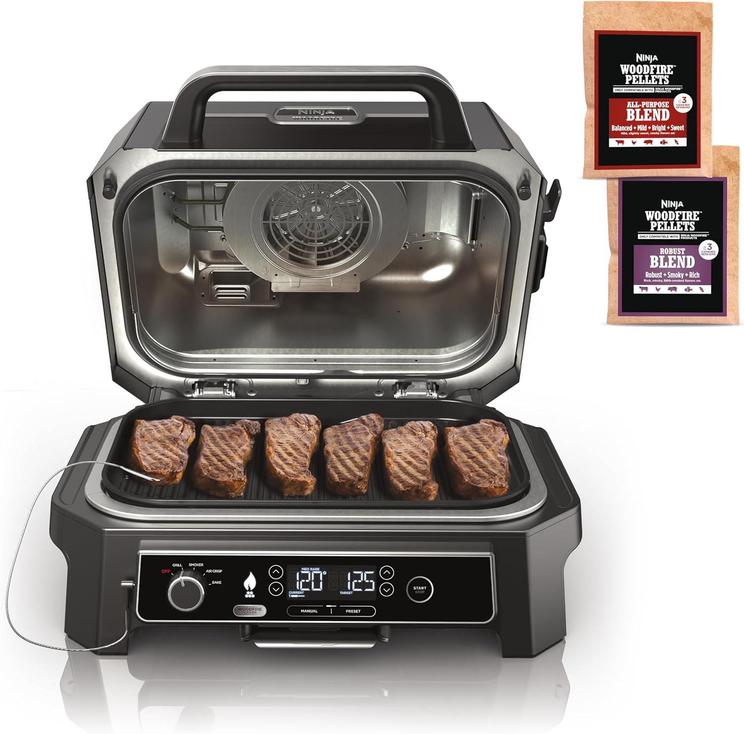 Ninja, Woodfire Pro XL Outdoor Grill Smoker, Thermometer, 4-in-1 Master Grill,Dark Grey, OG850