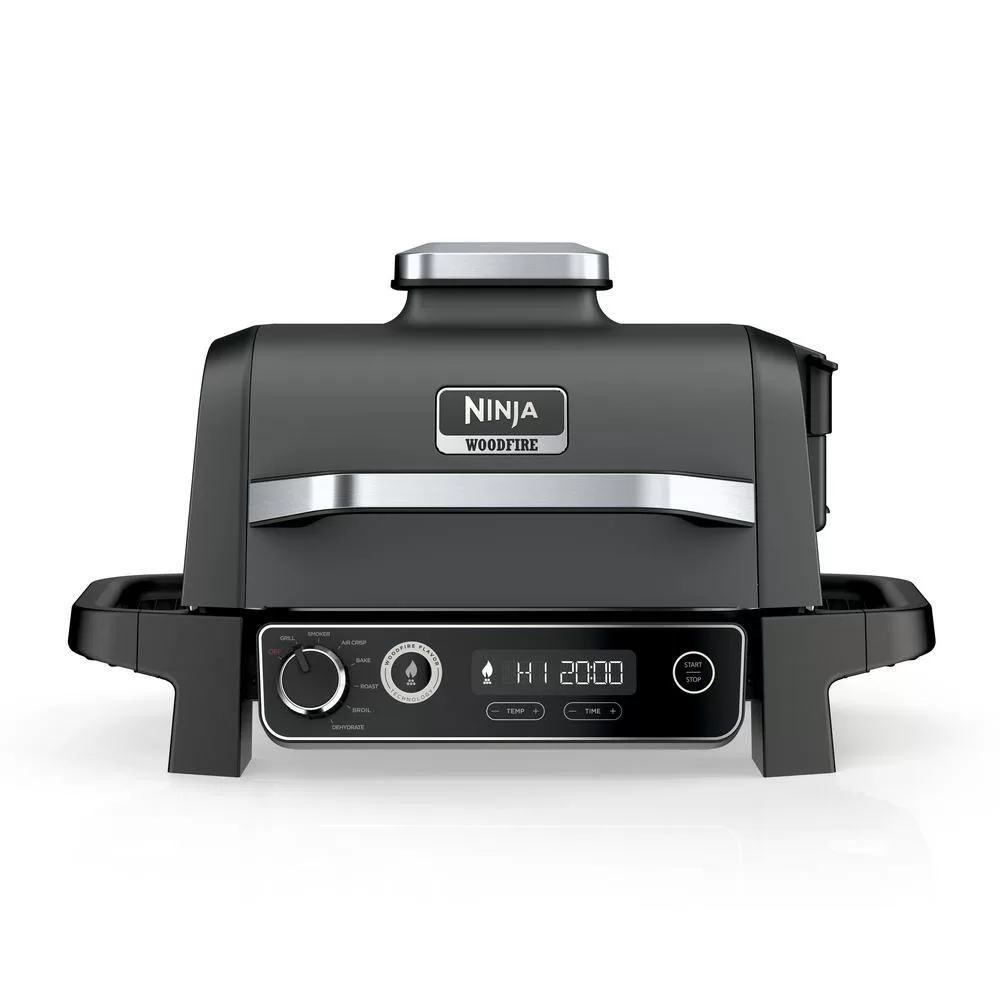 NINJA OG701 Woodfire Outdoor Grill Smoker, 7-in-1 Master Grill, BBQ Smoker and Air Fryer in Gray