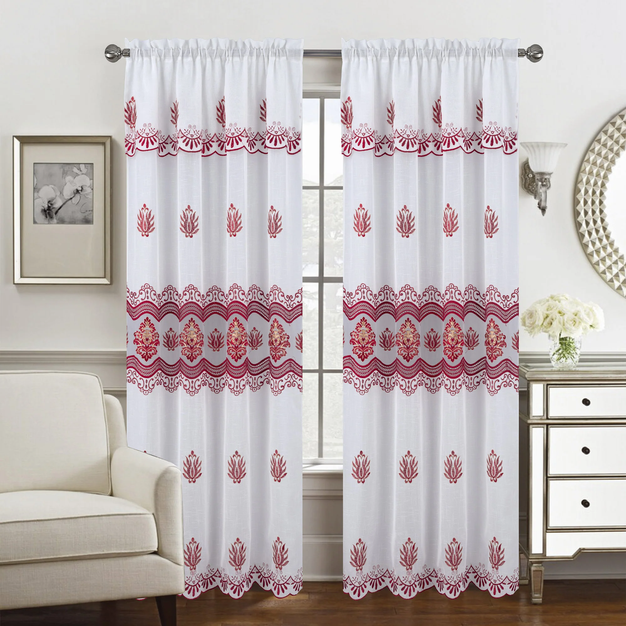 Nerissa Floral Macramé Rod Pocket Window Panel With Attached Valance, 55x84 Inches