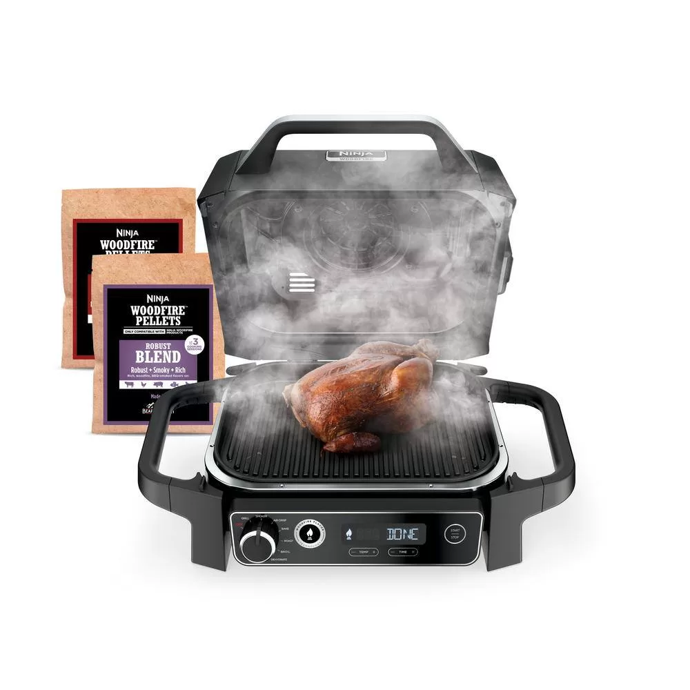 NINJA OG701 Woodfire Outdoor Grill Smoker, 7-in-1 Master Grill, BBQ Smoker and Air Fryer in Gray