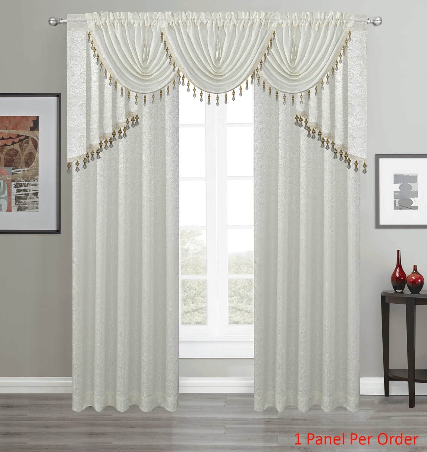 Angelina Jacquard Rose Design Rod Pocket Window Panel, Valance and Swag Treatments, White