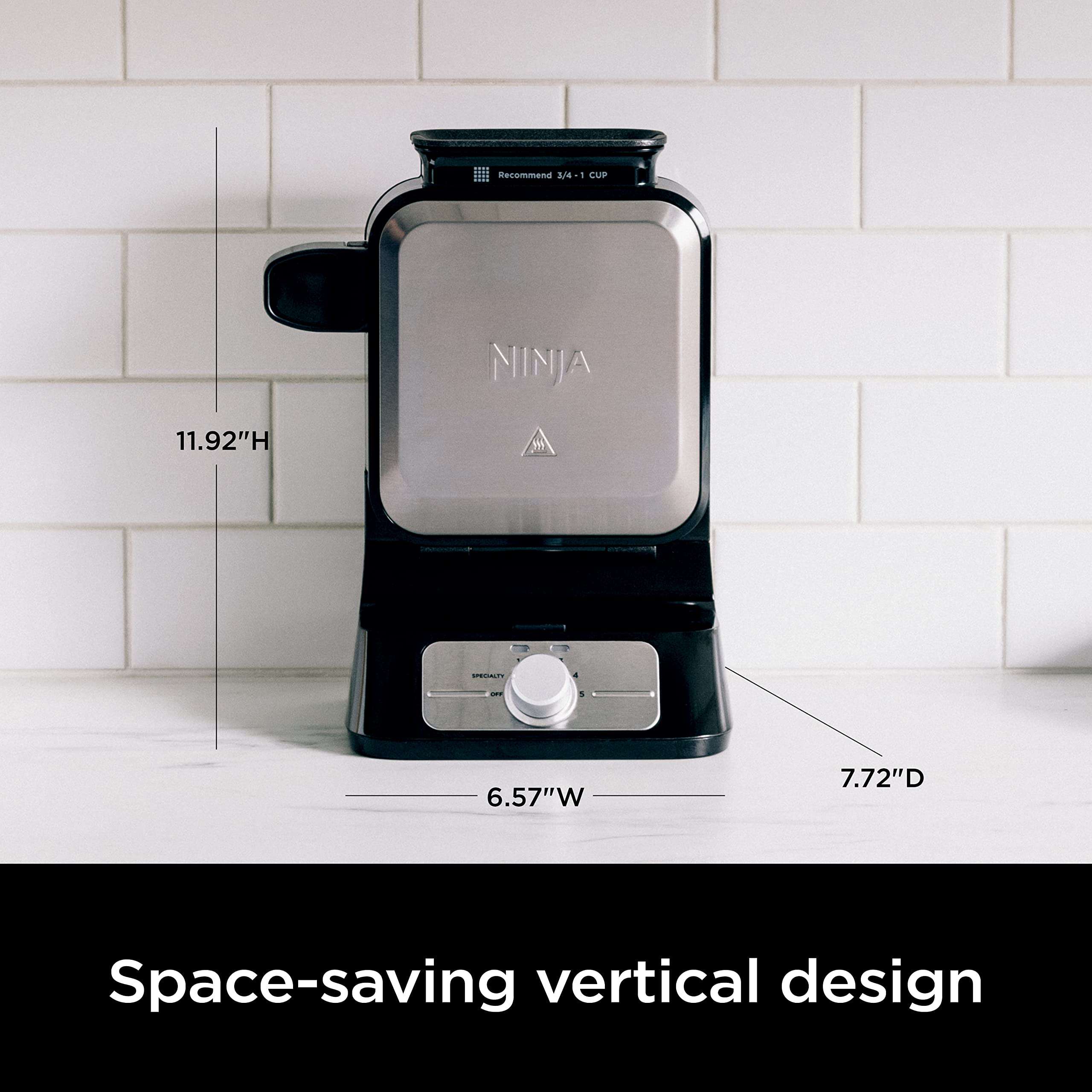 Ninja BW1001 NeverStick PRO Belgian Waffle Maker, Vertical Design, 5 Shade Settings, Black Silver