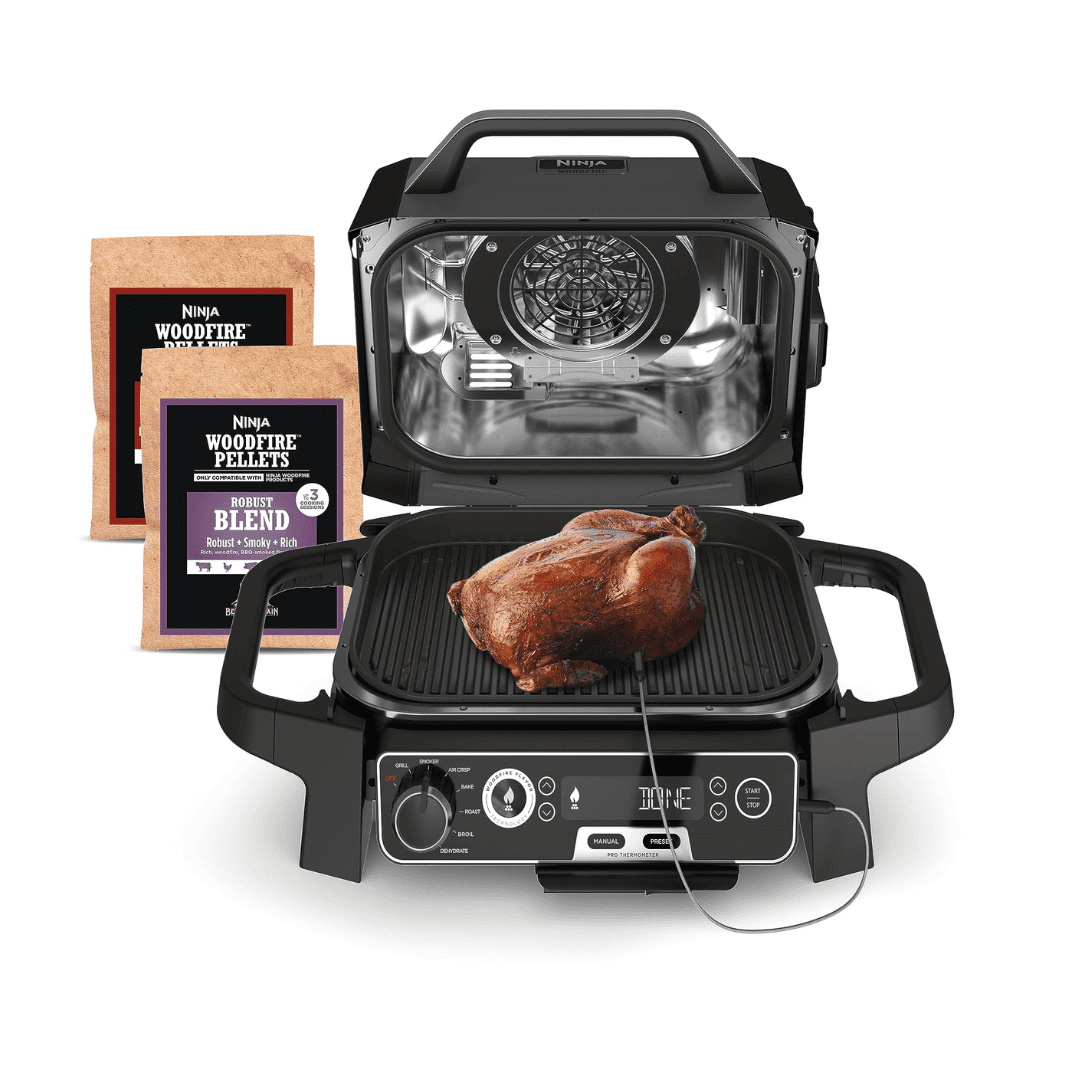 Ninja OG751BRN Woodfire Pro 7-in-1 Grill Smoker Portable Electric Outdoor Grill, Grey