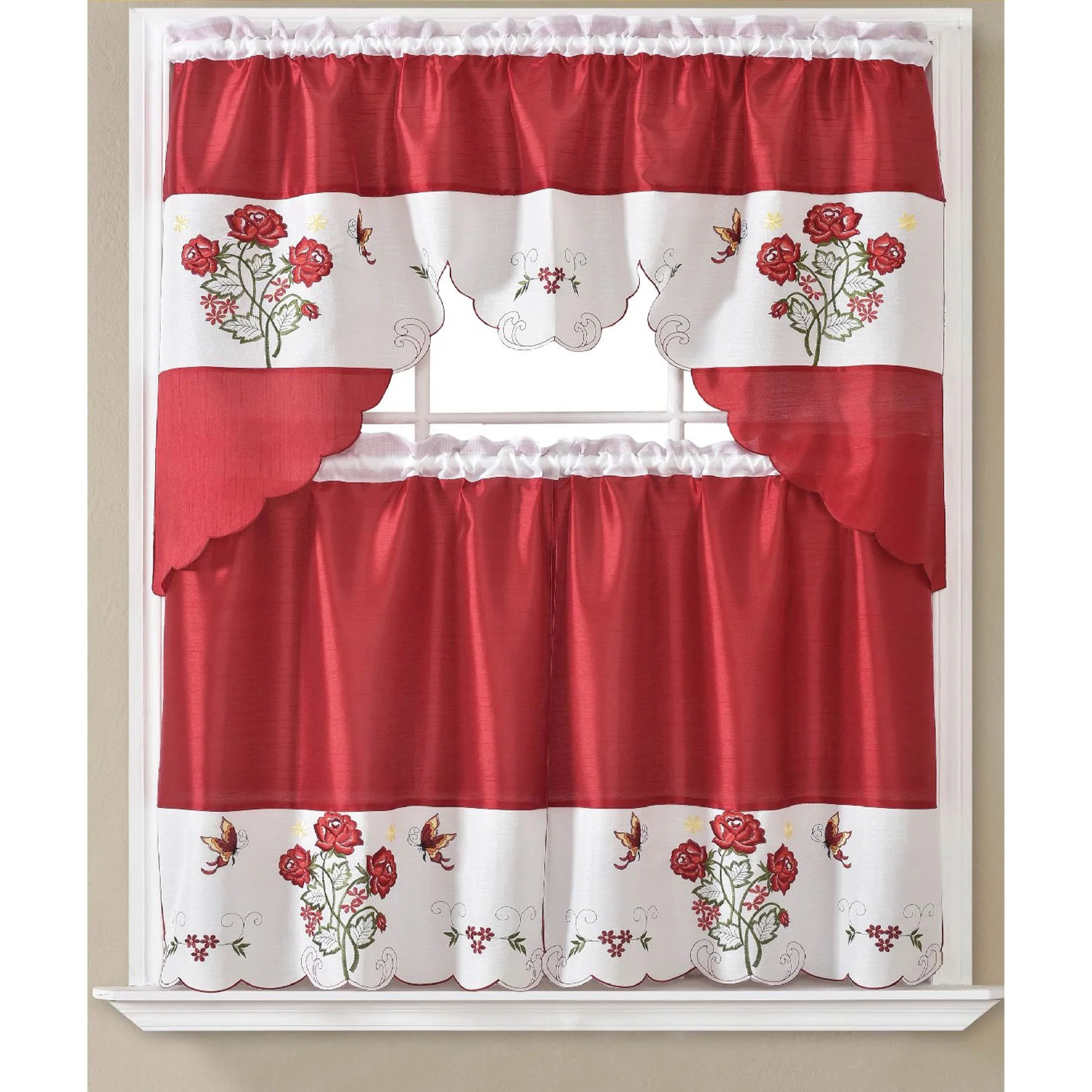 Emily 3 Piece Embroidered Kitchen Curtain Set, Burgundy, Swag 60x36, Tiers 30x36 Inches