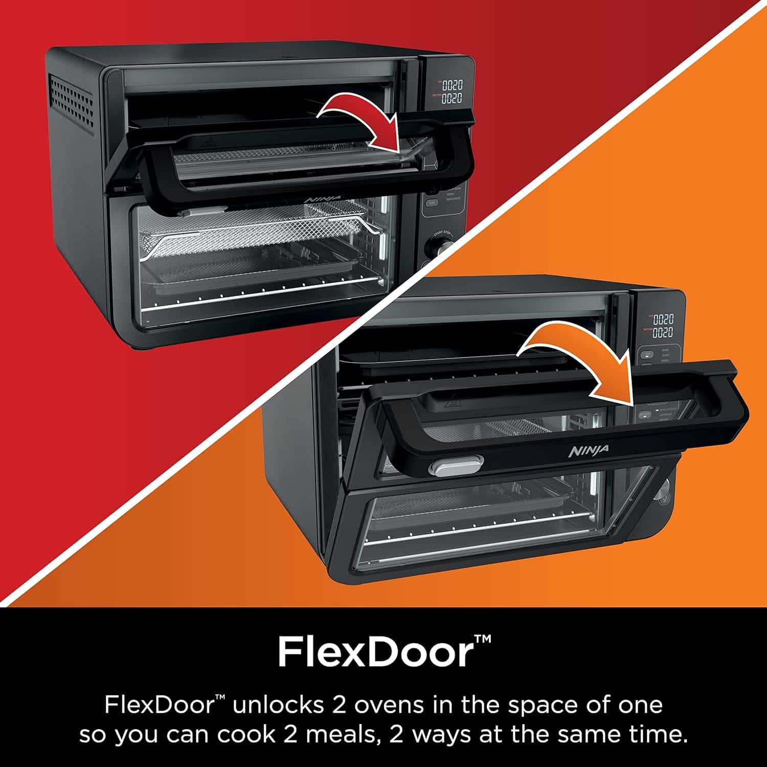 Ninja, Toaster Oven, Double Oven with FlexDoor, FlavorSeal Smart Finish, 13-in-1, Black, DCT402BK