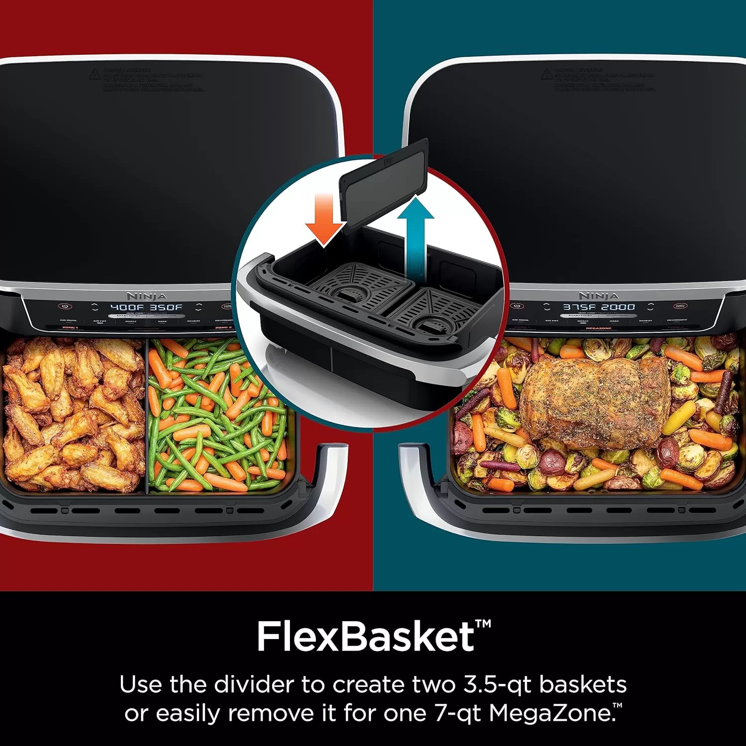 Ninja DZ071 Foodi 6-in-1 DualZone FlexBasket Air Fryer with 7-QT MegaZone Basket Divider, Black