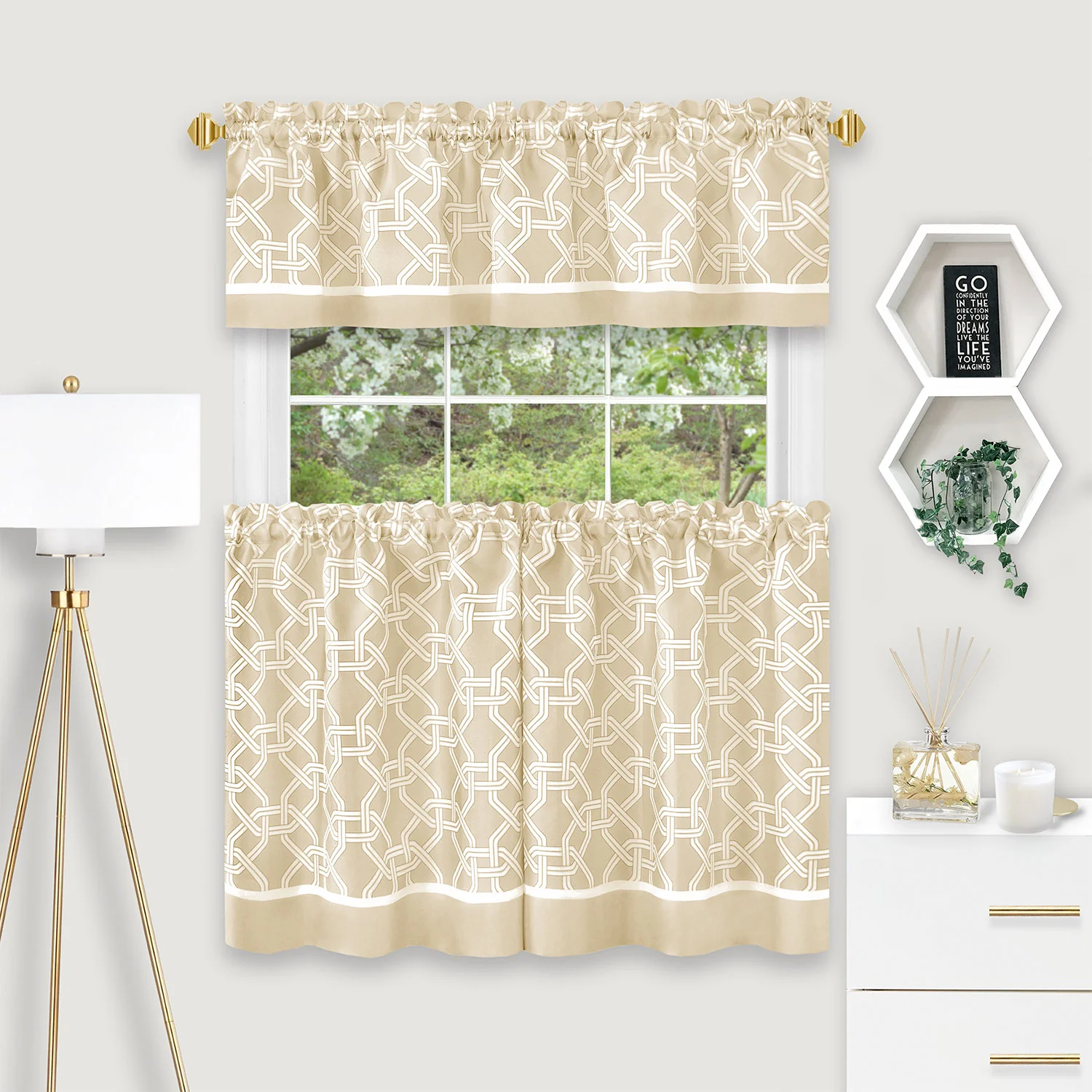 Arlington Chain Link Kitchen Curtain Set, Tiers 58x36 and Valance 58x13 Inches
