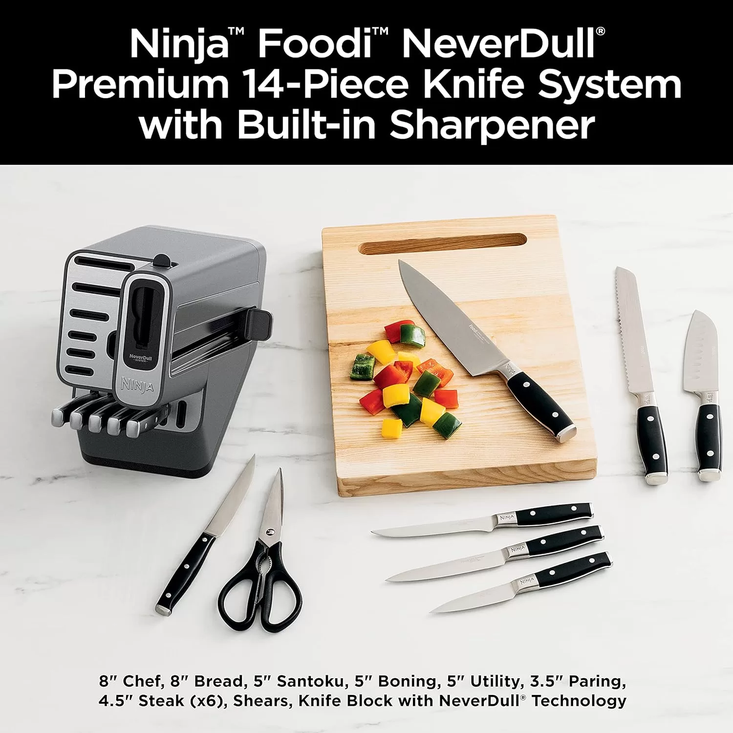 Ninja K32014 Foodi NeverDull Premium Knife System, 14 Piece Knife Block Set, Black