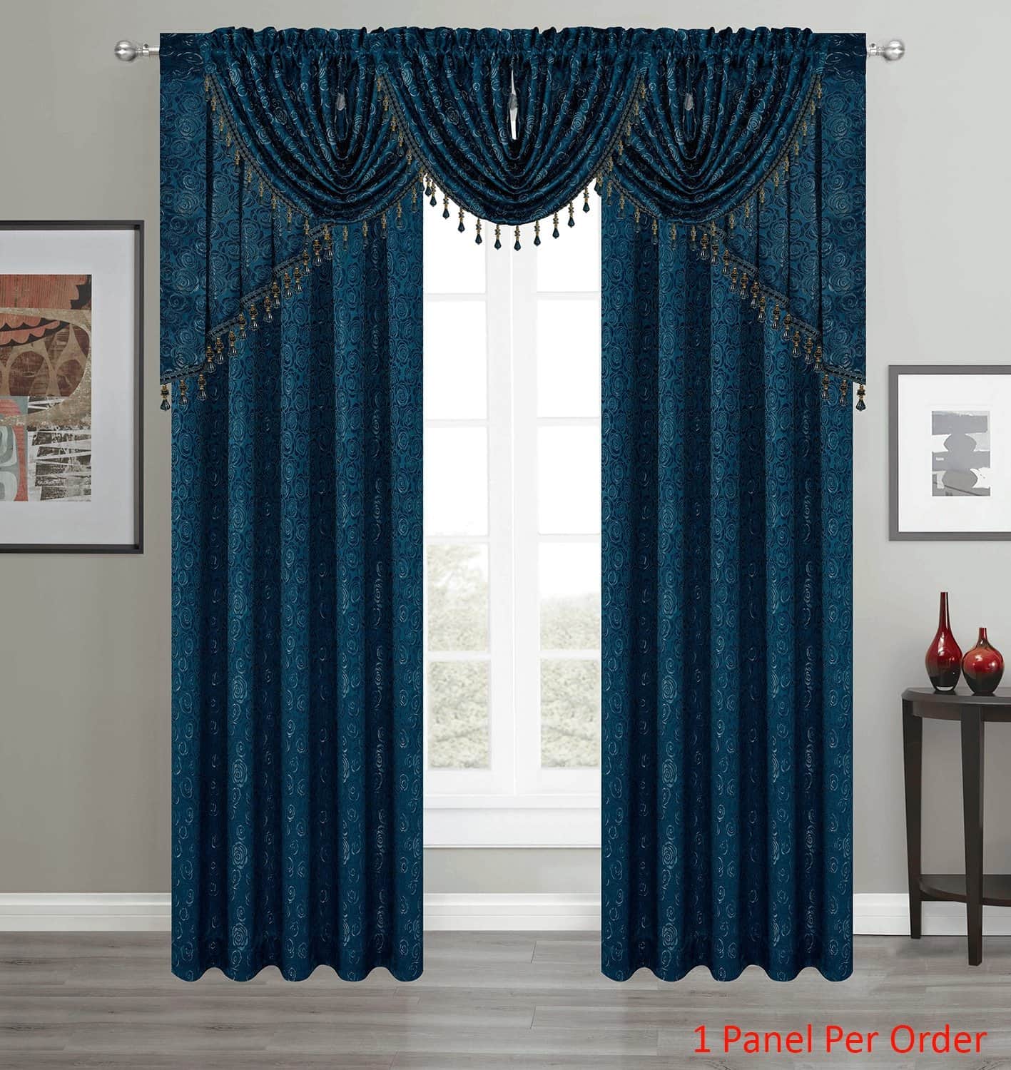Angelina Jacquard Rose Design Rod Pocket Window Panel, Valance and Swag Treatments, Blue