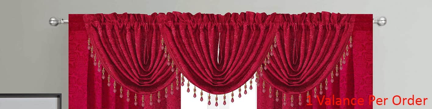 Angelina Jacquard Rose Design Rod Pocket Window Panel, Valance and Swag Treatments, Red