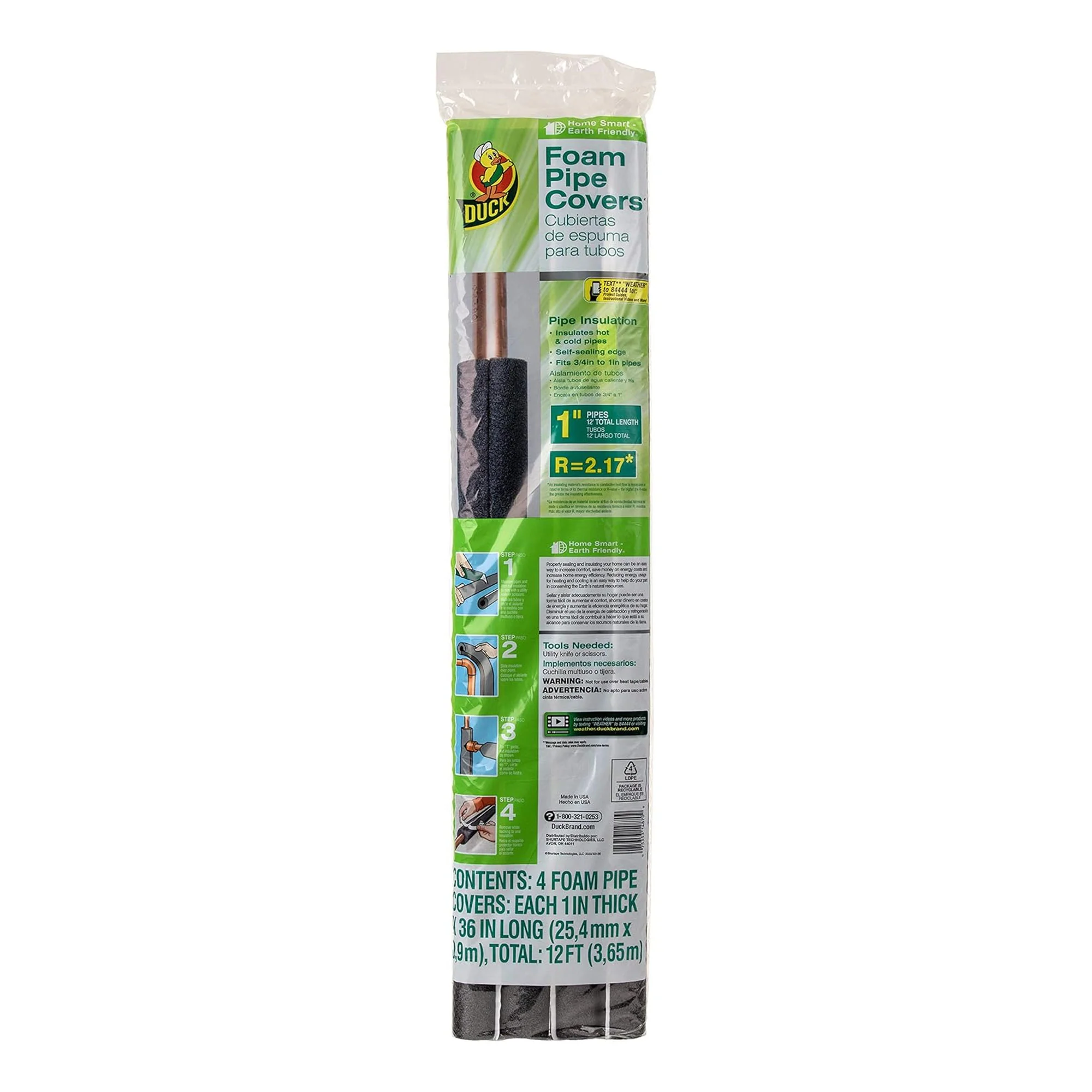 Duck Brand Insulating Foam Pipe Covers, Fits 3/4 - 1-Inch by 3 Feet, Pack of 4 Sticks