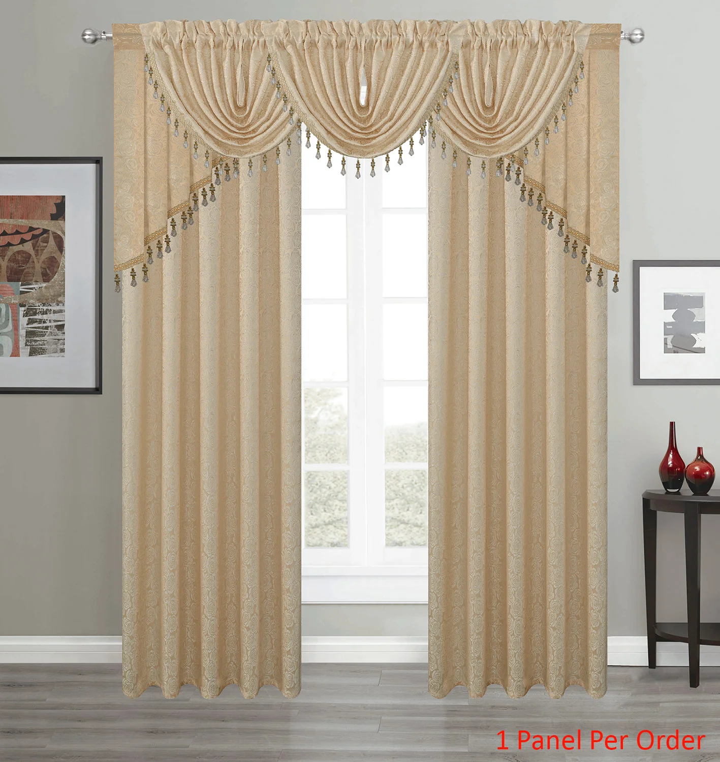 Angelina Jacquard Rose Design Rod Pocket Window Panel, Valance and Swag Treatments, Beige