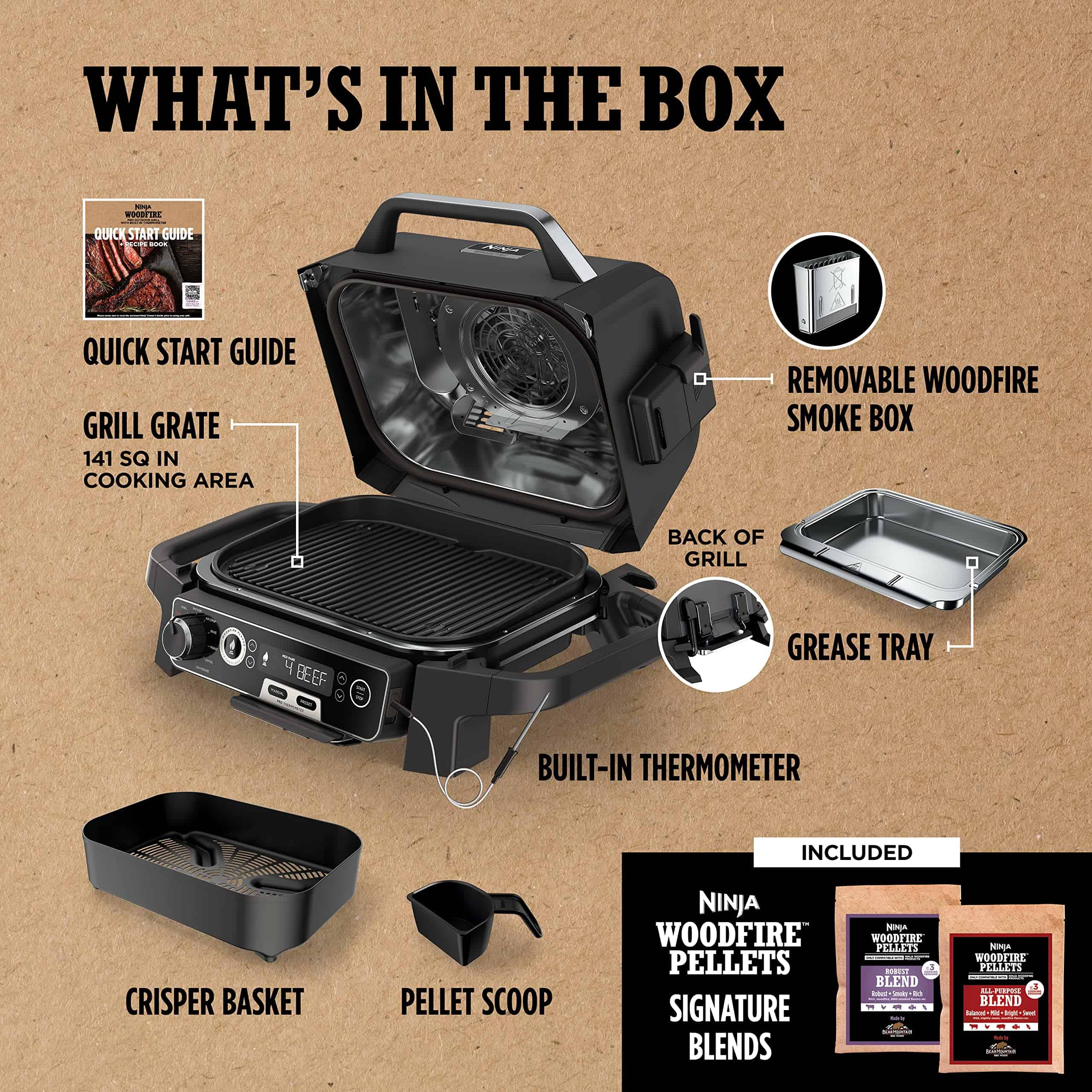 Ninja OG751BRN Woodfire Pro 7-in-1 Grill Smoker Portable Electric Outdoor Grill, Grey