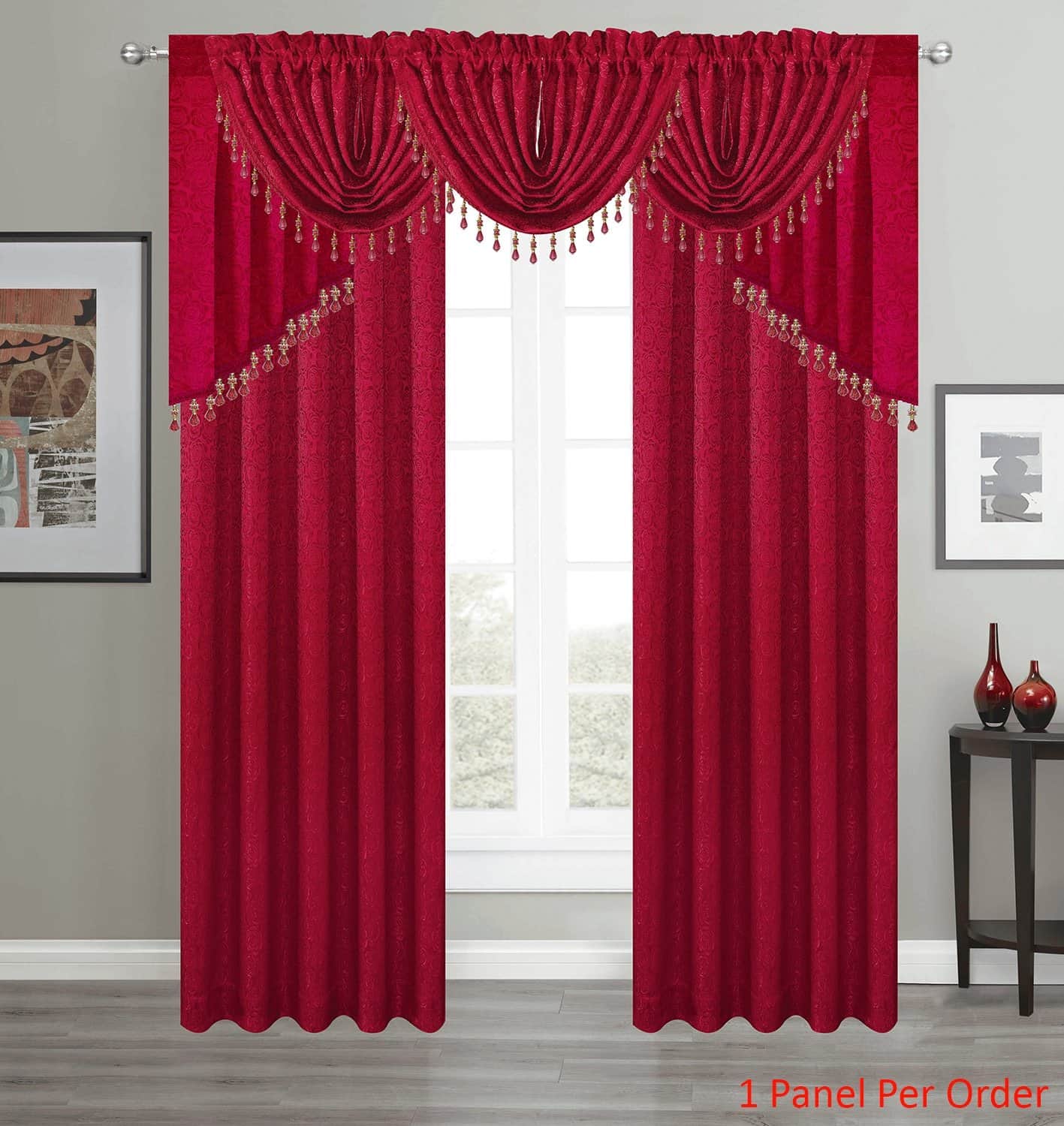 Angelina Jacquard Rose Design Rod Pocket Window Panel, Valance and Swag Treatments, Red
