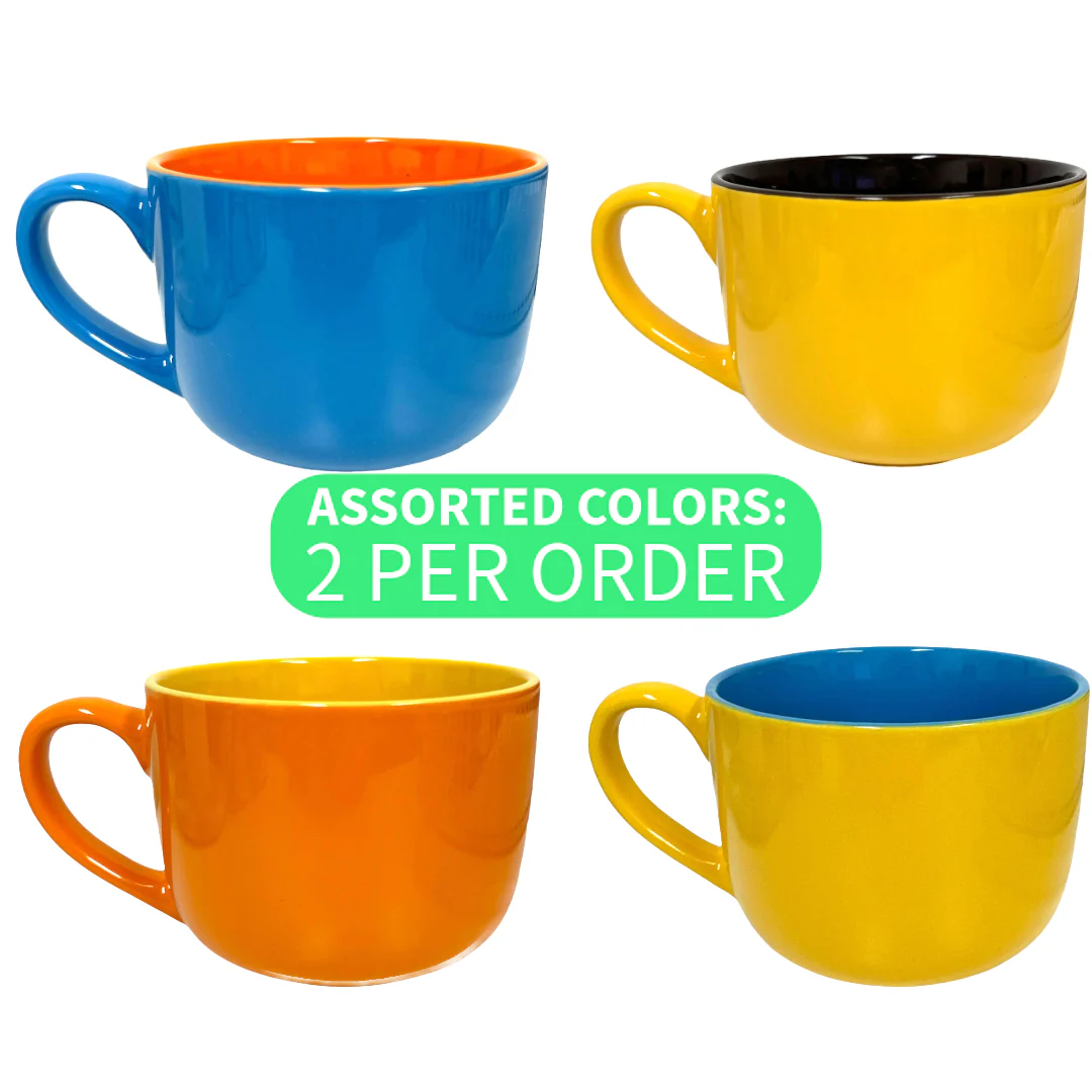 Large French Design Ceramic Deep Soup Mug, Assorted Colors, 5x3.5 Inches (Pack of 2)