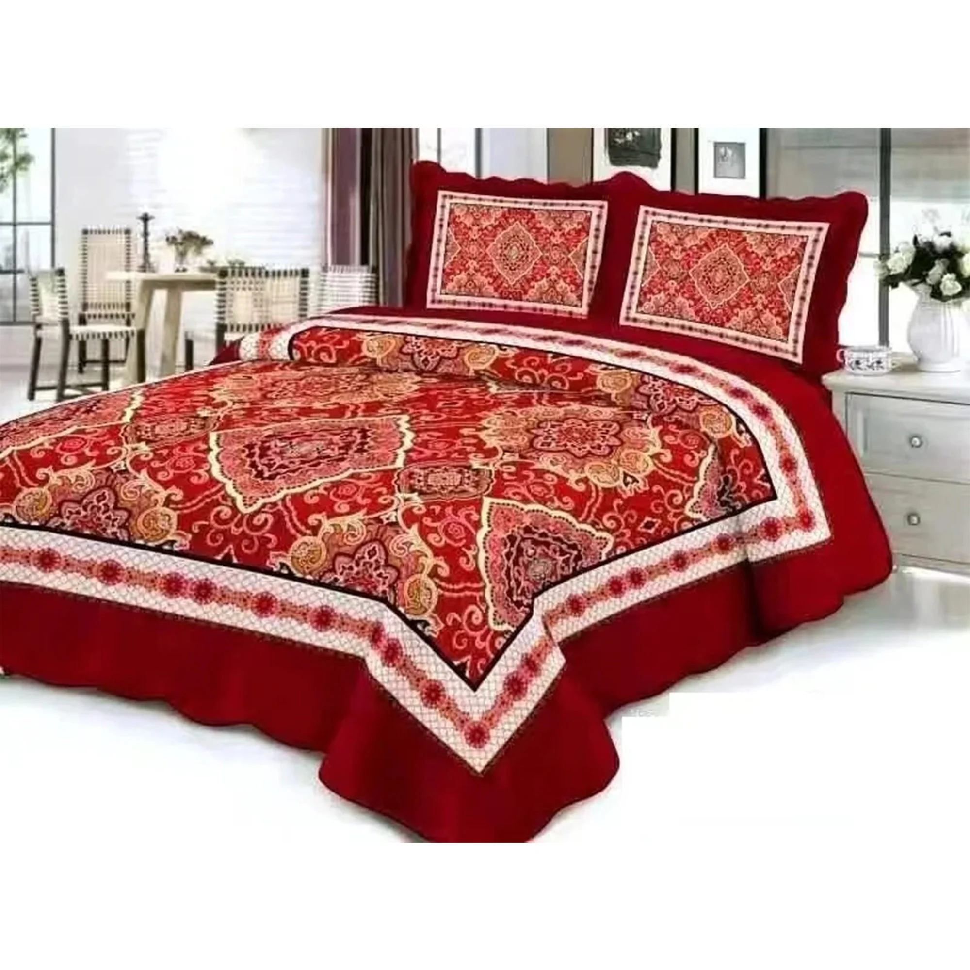 All For You 3 Piece Embroidered Floral Printed Quilt Set, Red, Queen, 86x94 Inches