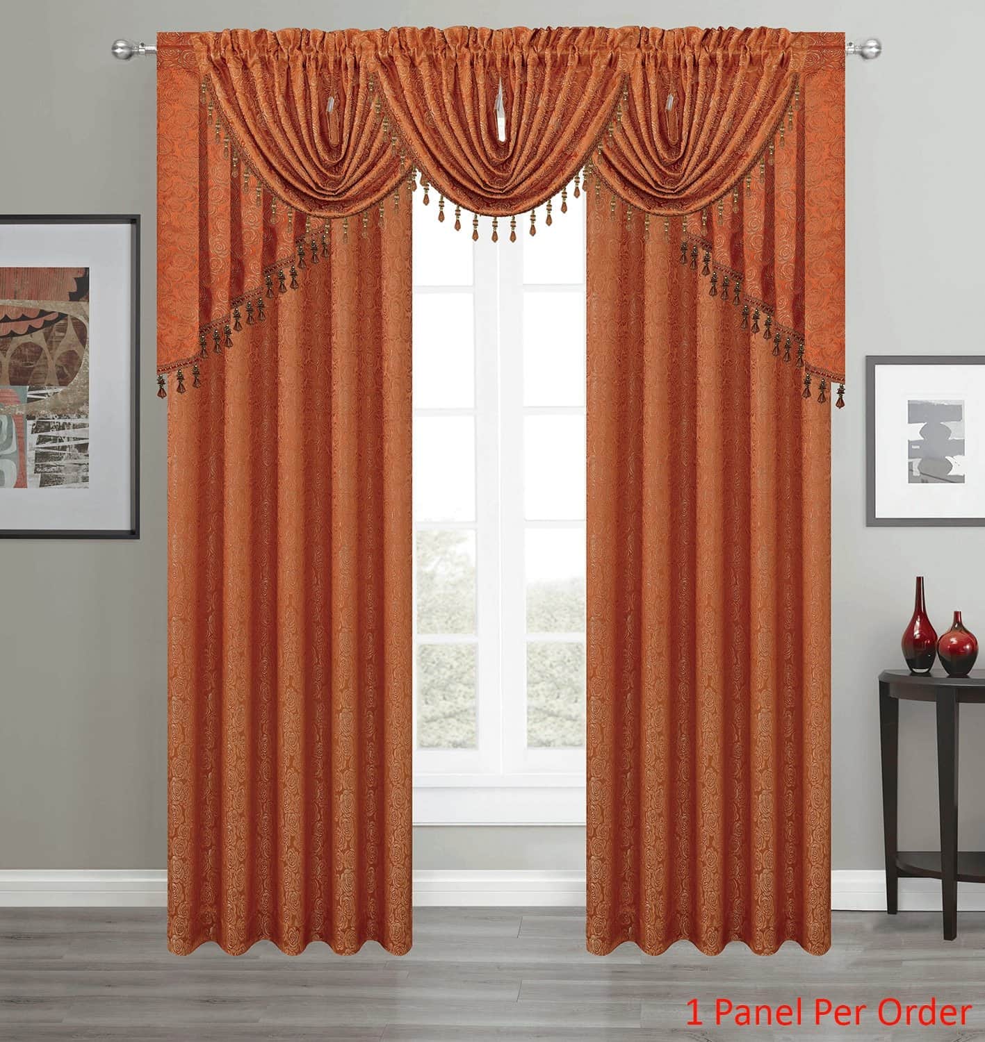Angelina Jacquard Rose Design Rod Pocket Window Panel, Valance and Swag Treatments, Rust
