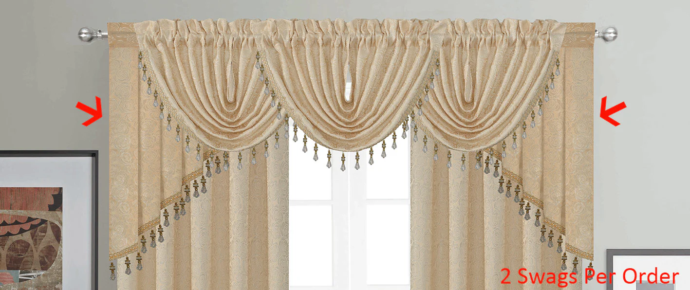 Angelina Jacquard Rose Design Rod Pocket Window Panel, Valance and Swag Treatments, Beige