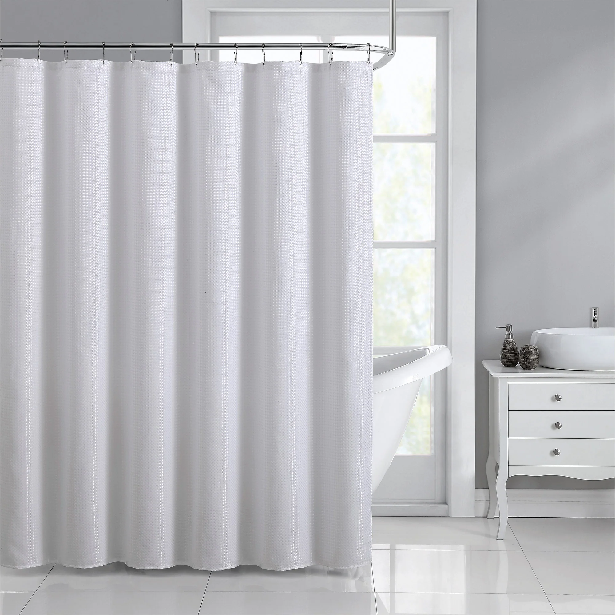 All Bath 13 Piece Jacquard Dobby Shower Curtain Set with Hooks, White, 70x72 Inches