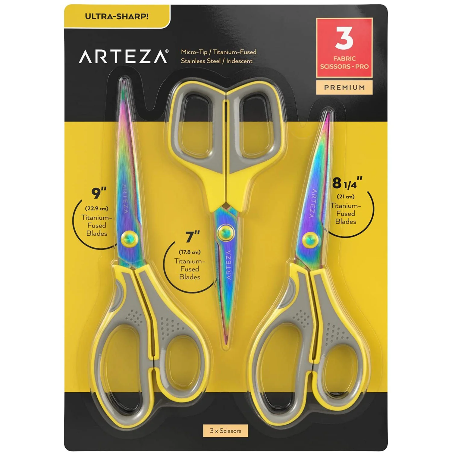 ARTEZA Titanium-Coated Stainless Steel Fabric Scissors, Set of 3 �C 7, 8.25, and 9 Inches