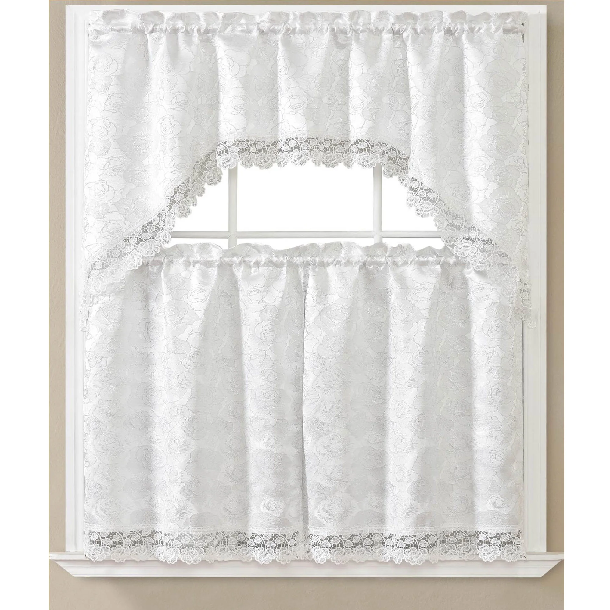 Sara 3 Piece Embroidered Kitchen Curtain Set, White-White, Swag 60x36, Tiers 30x36 Inches
