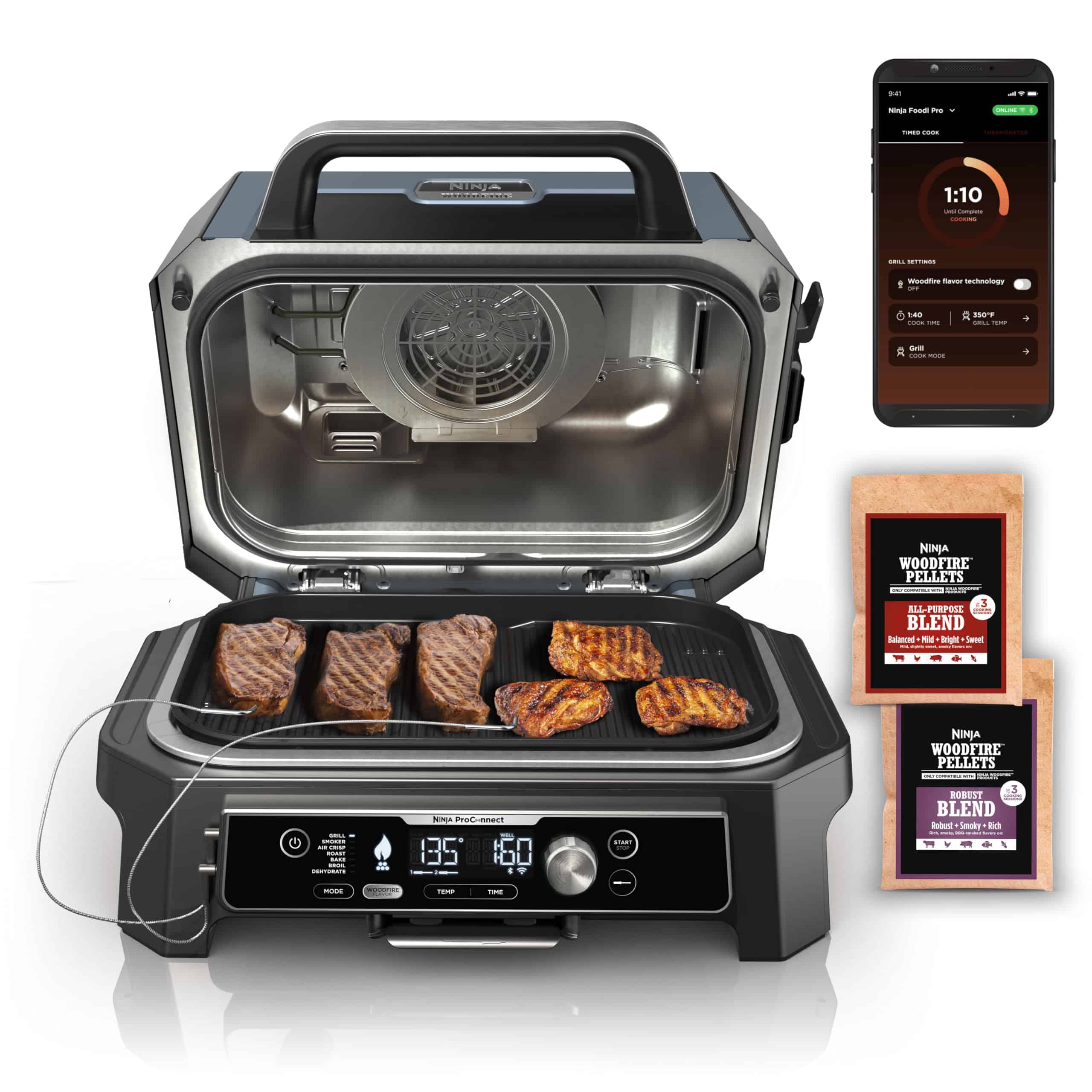 Ninja OG951 Woodfire Pro Connect Premium XL Outdoor Grill Smoker, 2 Built-In Thermometers, Black