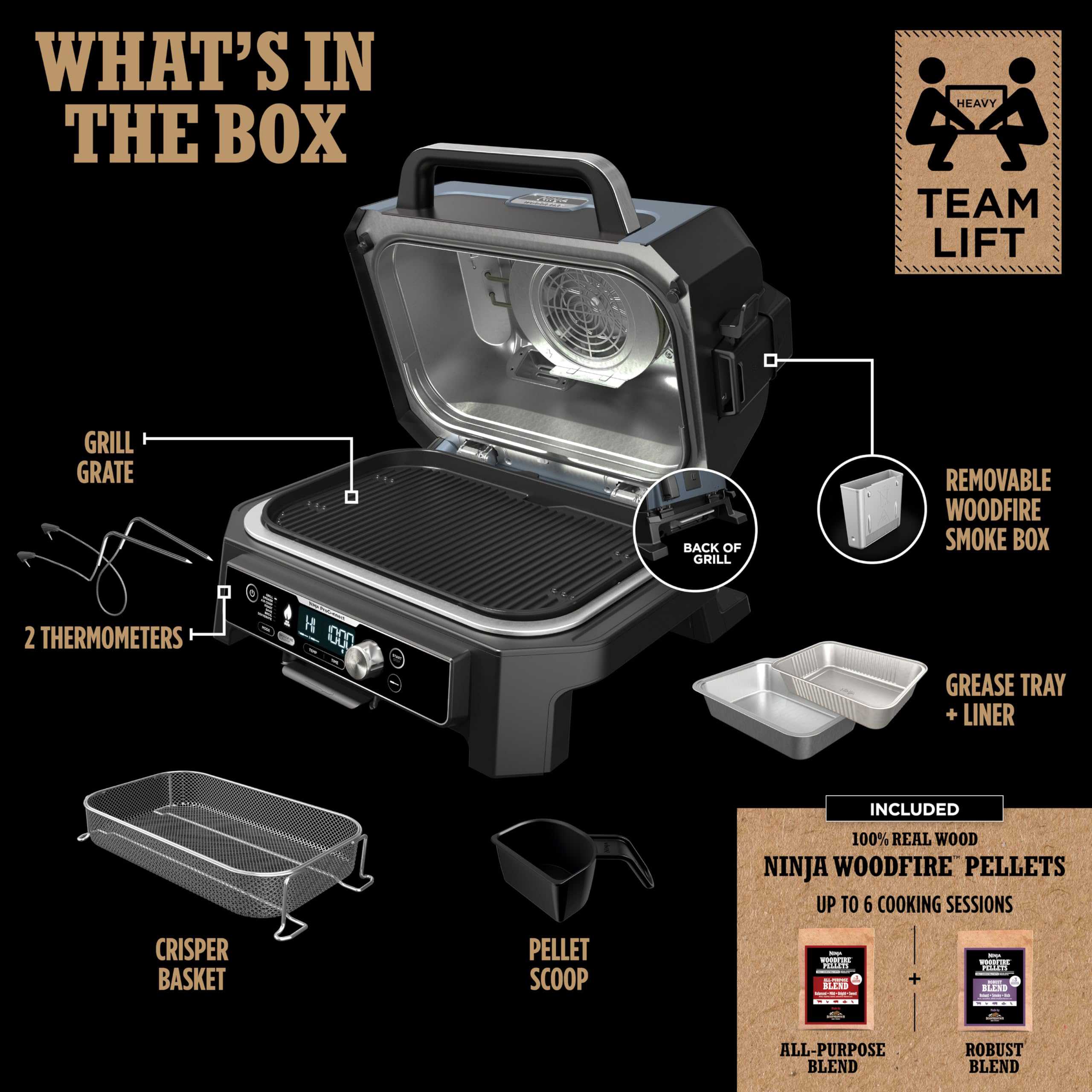 Ninja OG951 Woodfire Pro Connect Premium XL Outdoor Grill Smoker, 2 Built-In Thermometers, Black