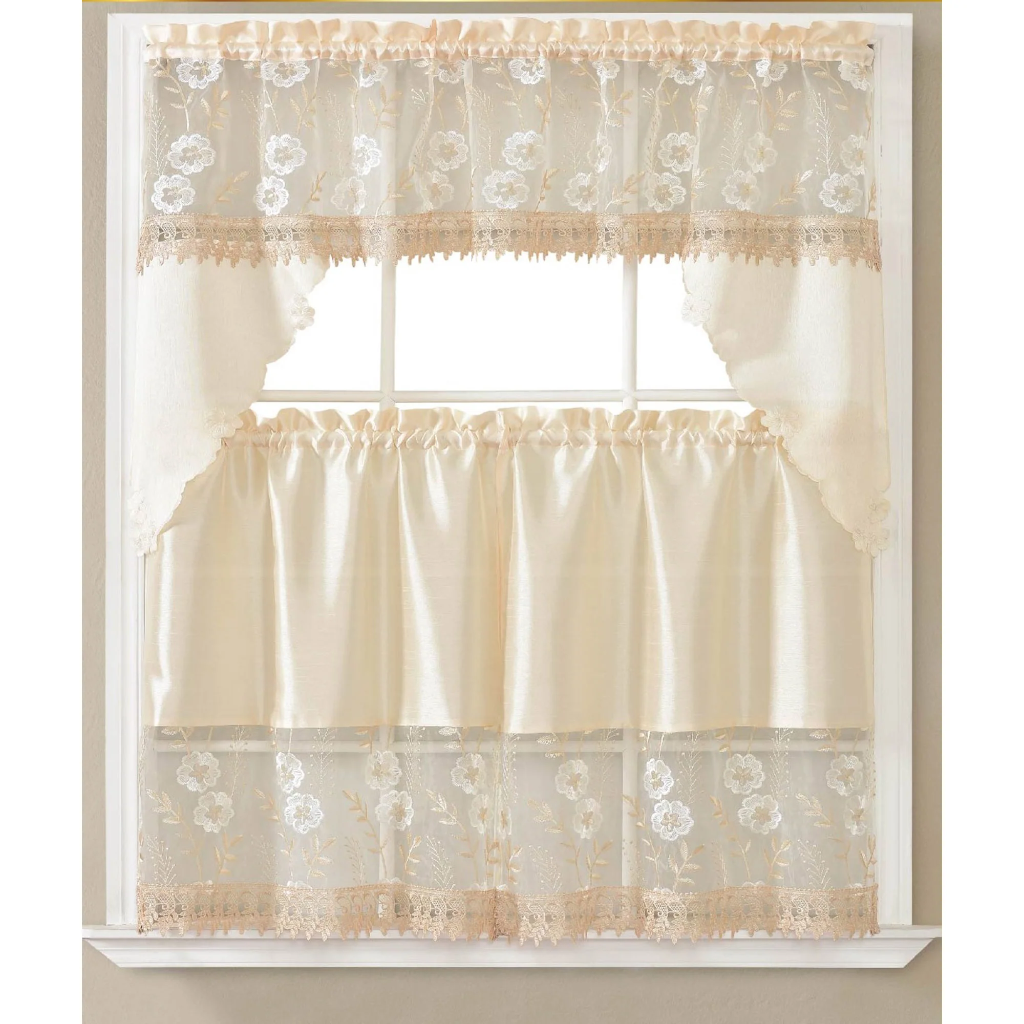 Raquel 3 Piece Embroidered Kitchen Curtain Set, Beige-Gold, Swag 60x36, Tiers 30x36 Inches