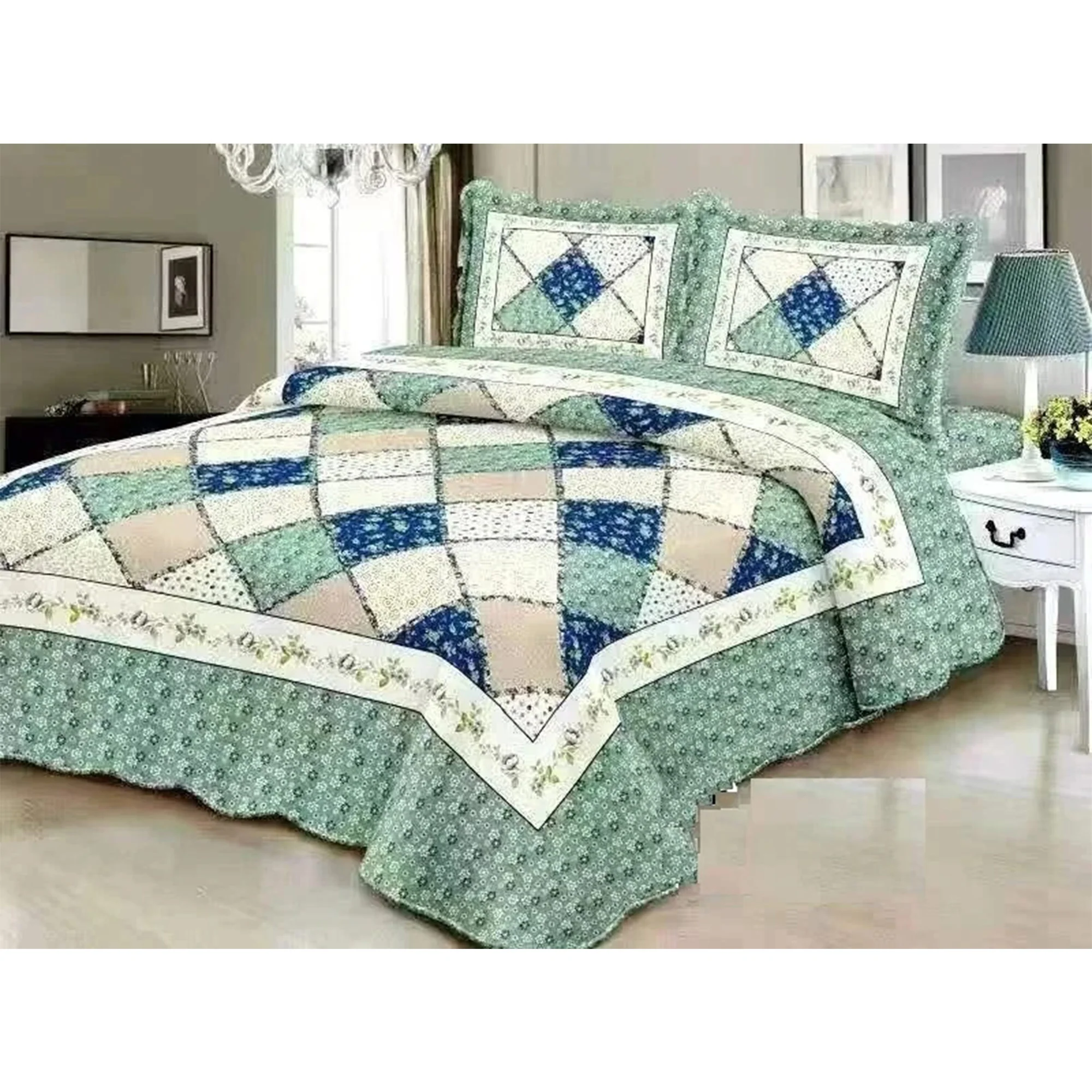 All For You 3 Piece Embroidered Floral Printed Quilt Set, Sage, Queen, 86x94 Inches
