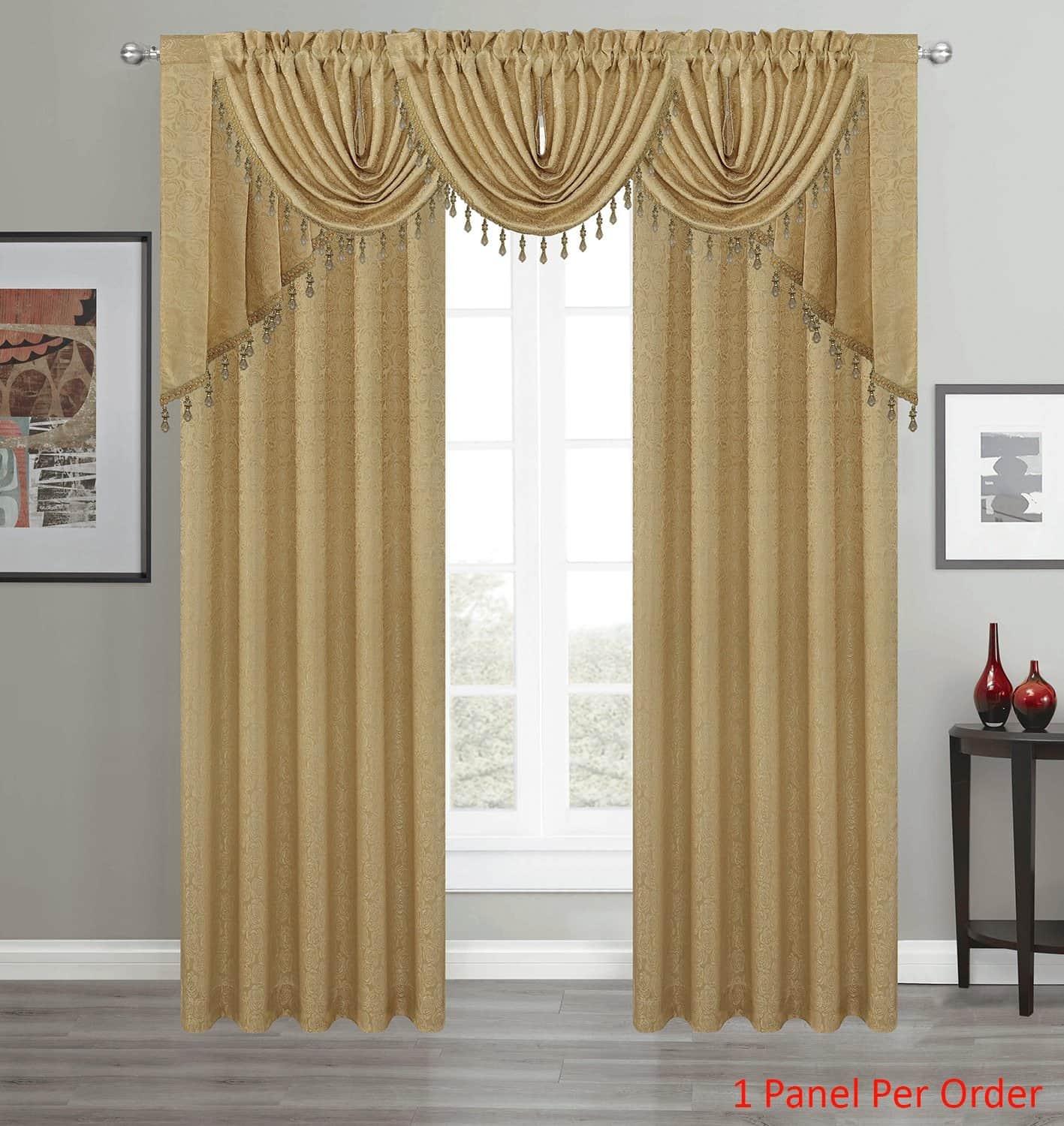 Angelina Jacquard Rose Design Rod Pocket Window Panel, Valance and Swag Treatments, Gold