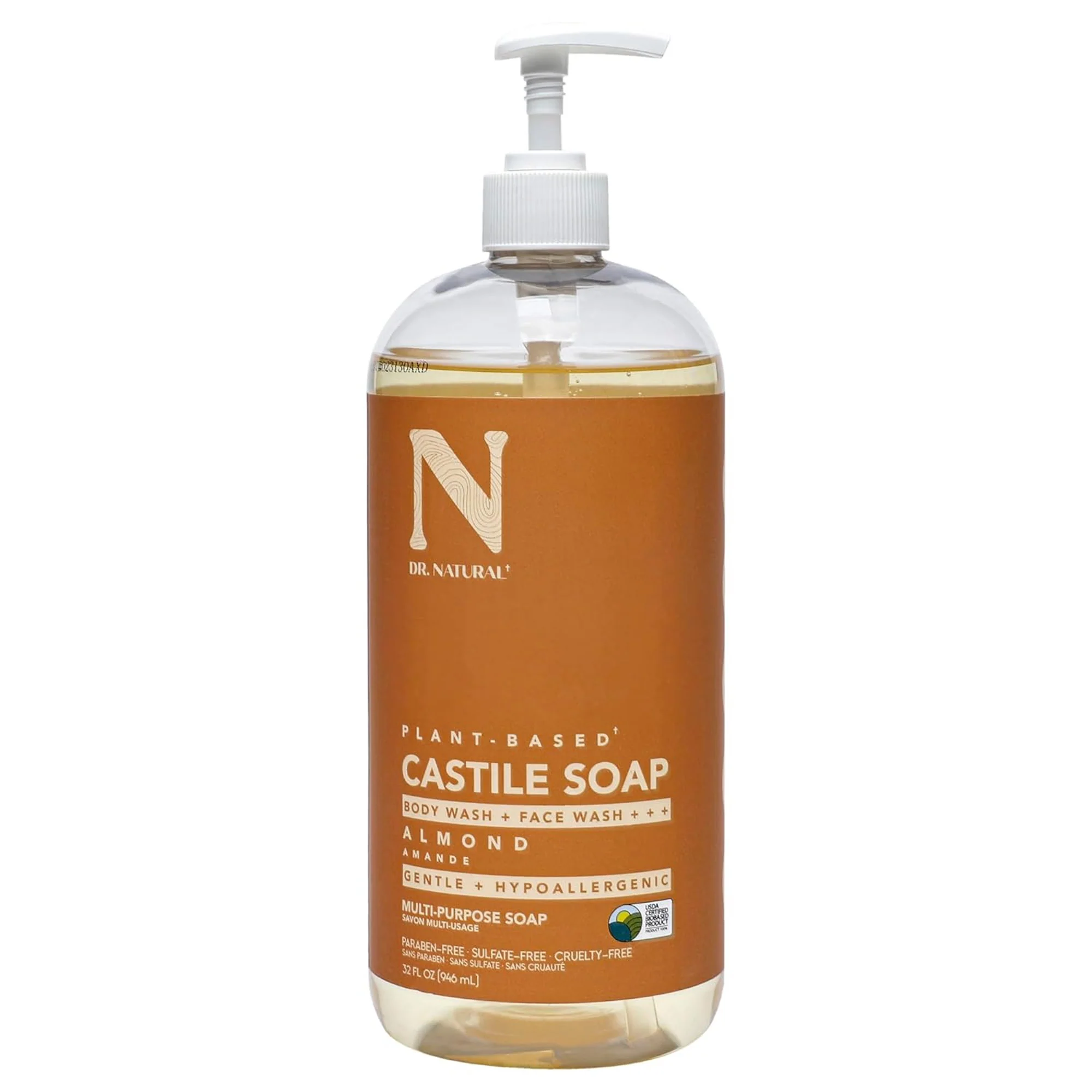 Dr. Natural Plant Based Castle Soap Body Wash and Face Wash Almond Gentle, 32 Ounces