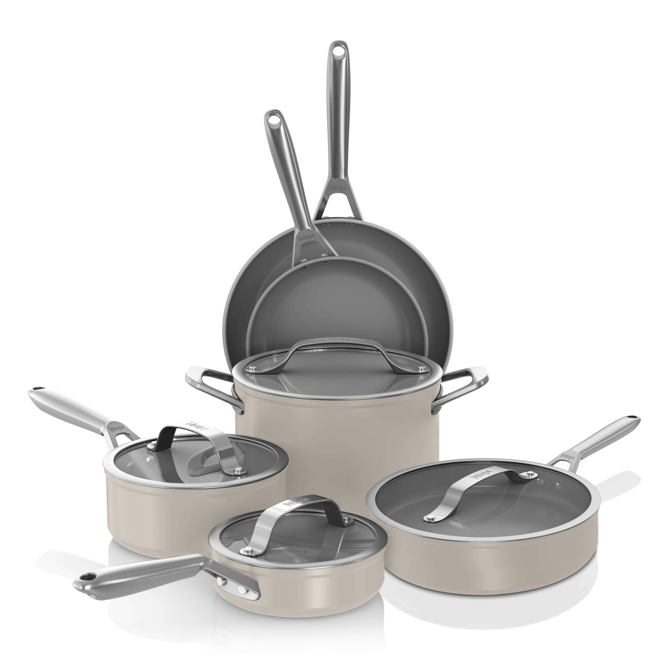 Ninja CW39010ST NeverStick Ceramic Pro,Non-Stick Pots Pans Set with Glass Lids, PTFE Free