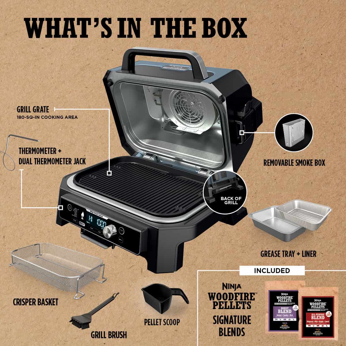 Ninja Woodfire ProConnect XL 180 sq in 1760 Watts Electric Outdoor Grill, Real Wood Pellet Flavor
