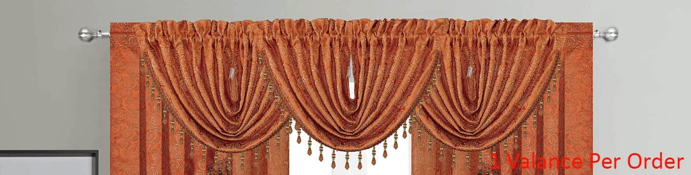 Angelina Jacquard Rose Design Rod Pocket Window Panel, Valance and Swag Treatments, Rust