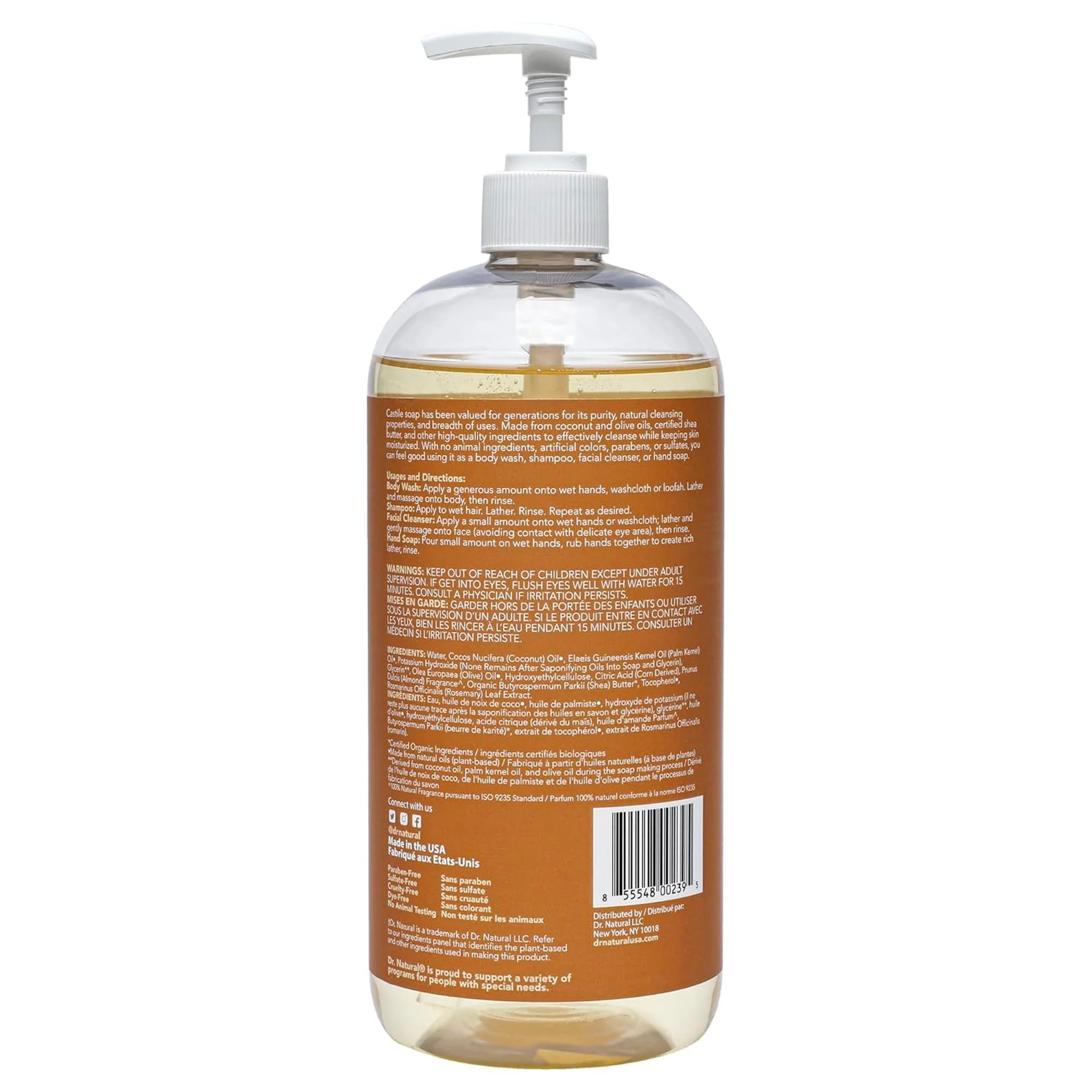 Dr. Natural Plant Based Castle Soap Body Wash and Face Wash Almond Gentle, 32 Ounces