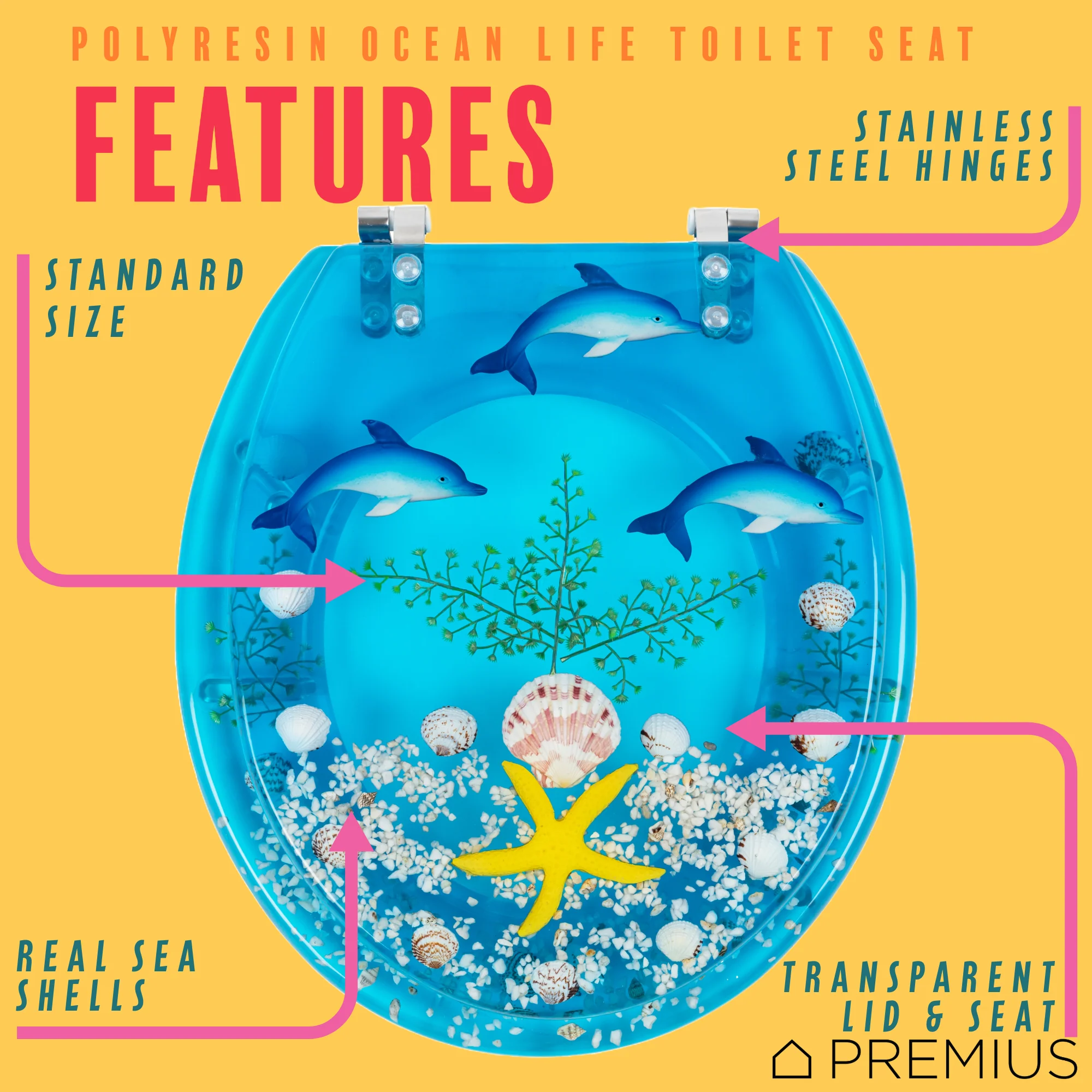 PREMIUS Polyresin Ocean Life Dolphins Toilet Seat, Clear-Blue, Standard Round, 17 Inches