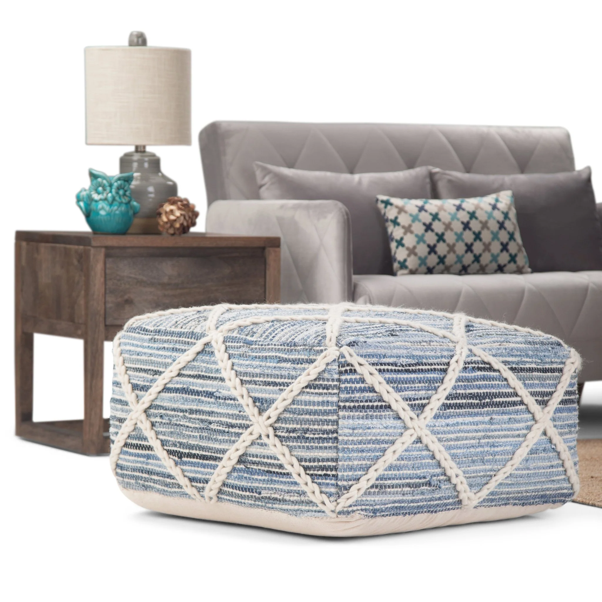 Harmonium Square Pouf with Wool and Cotton Woven Diamond Stitching Pattern