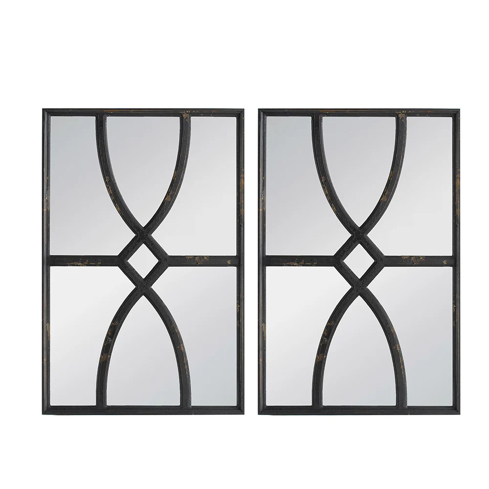 16 x 23 Rectangular Wooden Wall Mirror with Intricate Curved Motifs, Set of 2