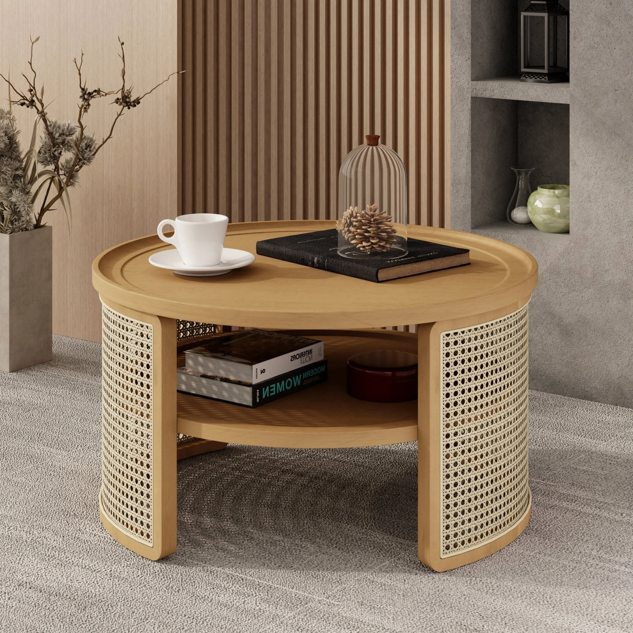 Wintered 2-Tiered Coffee Table with Rattan Base and Curved Edge Design