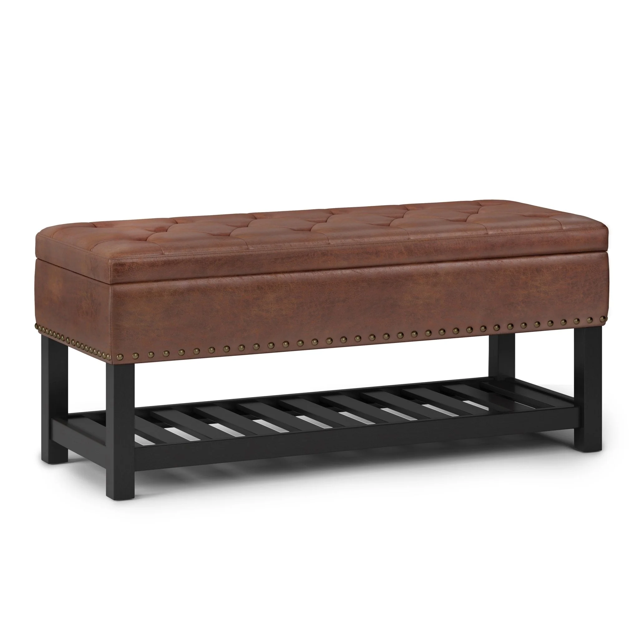 Upholstered Faux Leather Storage Ottoman with Tufted Top, Nailhead Trim and Open Bottom Shelf