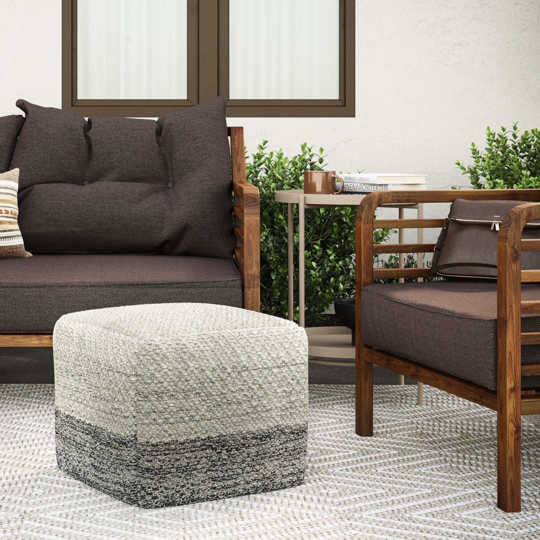 Outdoor Square Pouf with Stripe Pattern, Water and UV Ray Resistantable