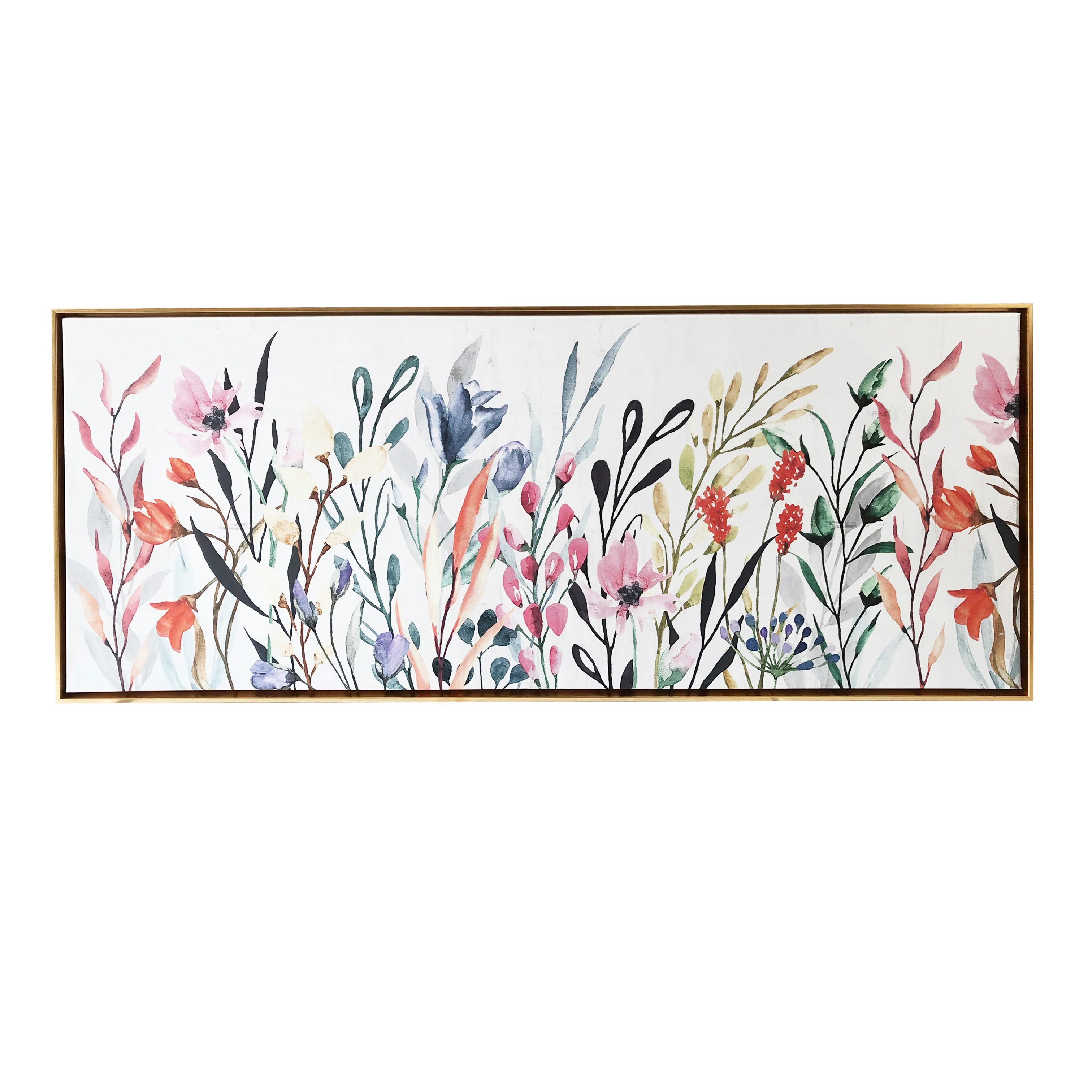 Colorful Wildflowers Watercolor Print on Gold Floating Framed Canvas Wall Art, 19x45
